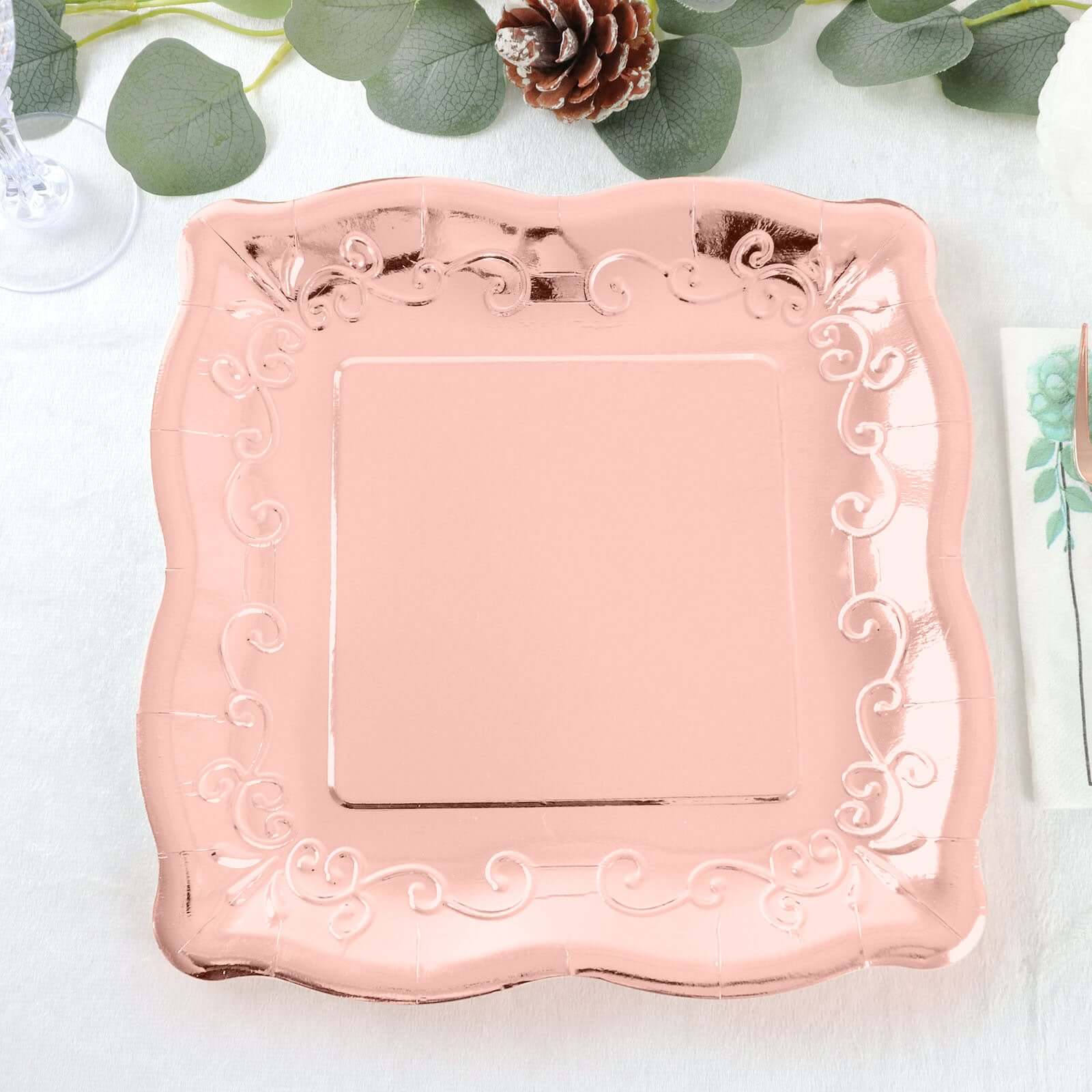 25-Pack Paper 11 Square Dinner Plates in Blush Rose Gold with Vintage Pottery Embossed Design - Shiny Metallic Disposable Serving Plates