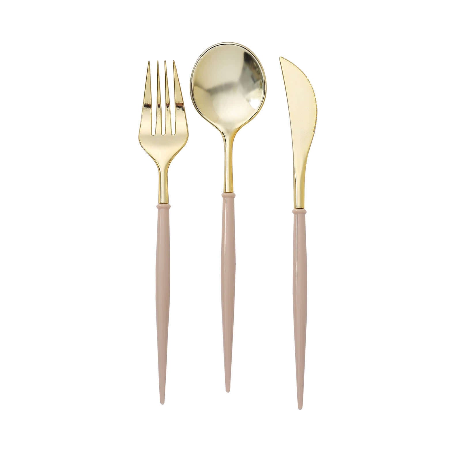 24-Pack Plastic Flatware Set in Metallic Gold with Beige Handle - Heavy Duty Disposable Modern Silverware 8