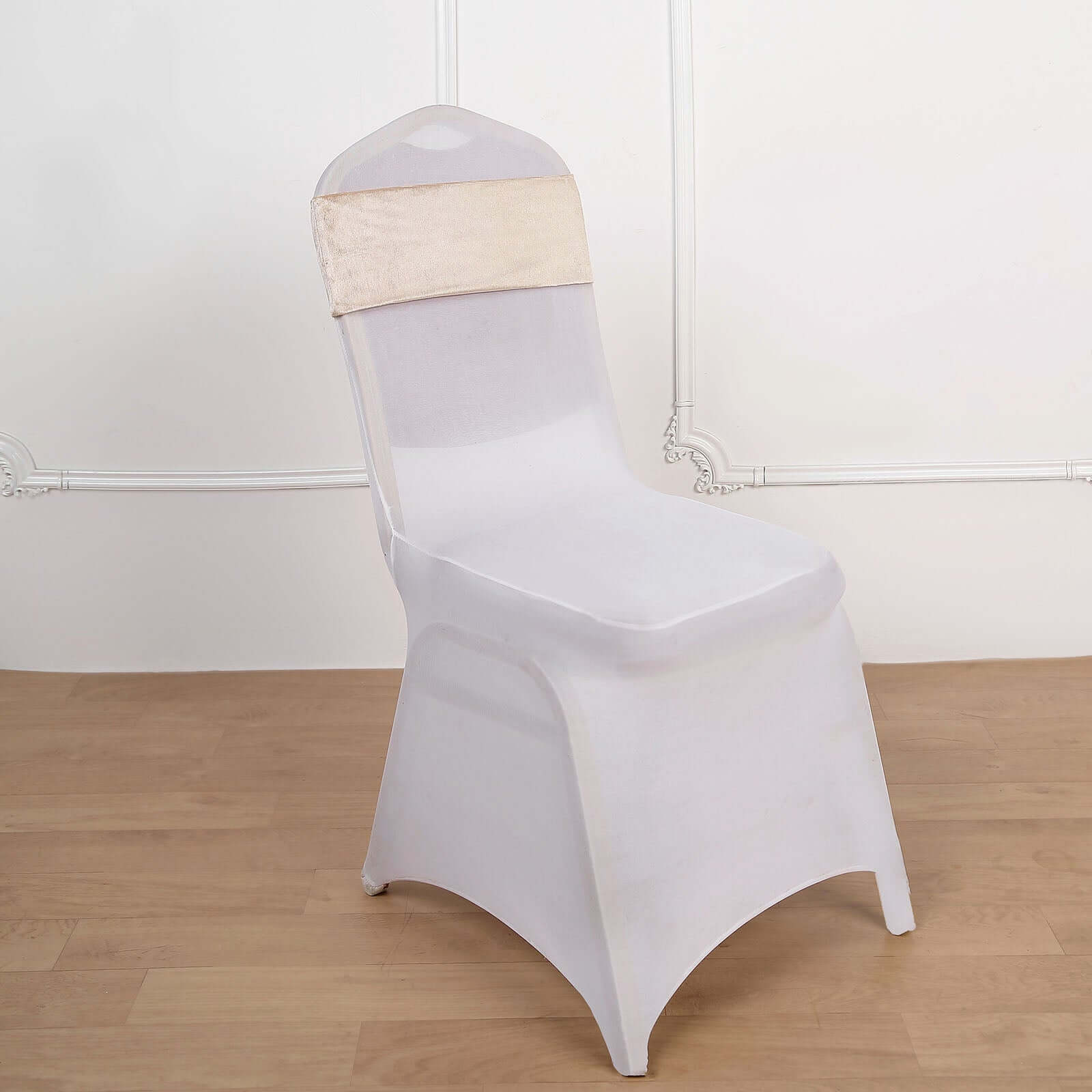 5 Pack Velvet Chair Sashes with Ruffled Center Champagne - Soft Stretchable Chair Bands