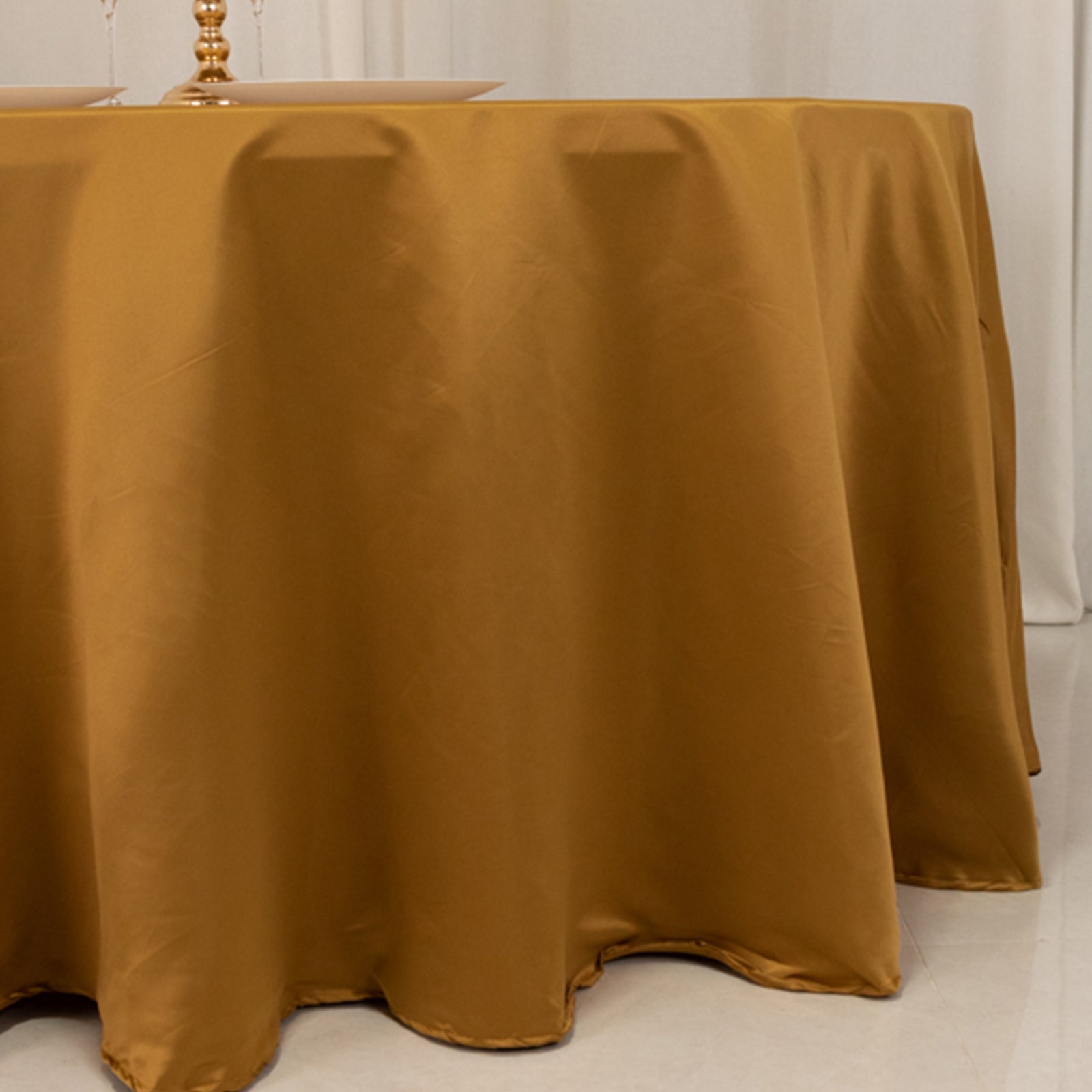 Lamour Satin 120 Round Tablecloth Gold - Seamless Table Cover with Soft Tempered Sheen for Upscale Gatherings