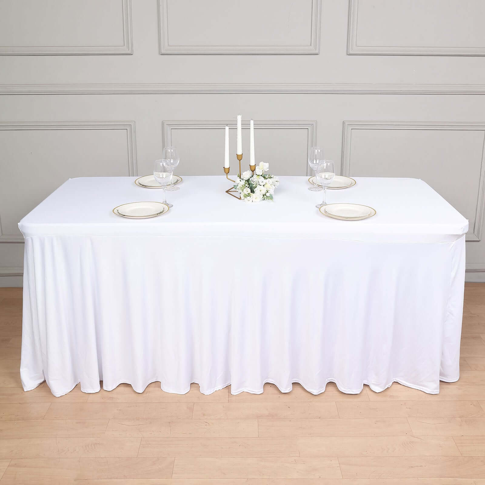 Spandex Rectangle 72x30 Table Skirt White with Wavy Skirt-Like Effect Stylish Table Cover for Weddings, Banquets & Trade Shows