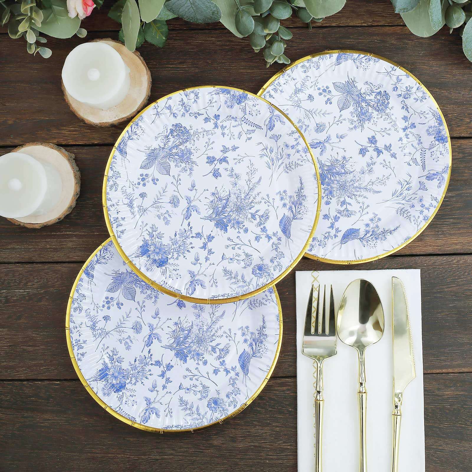 25-Pack Paper 7 Round Dessert Plates in White with Light Blue French Toile Pattern & Gold Rim - Disposable Salad Appetizer Plates for Luncheons & Garden Themes