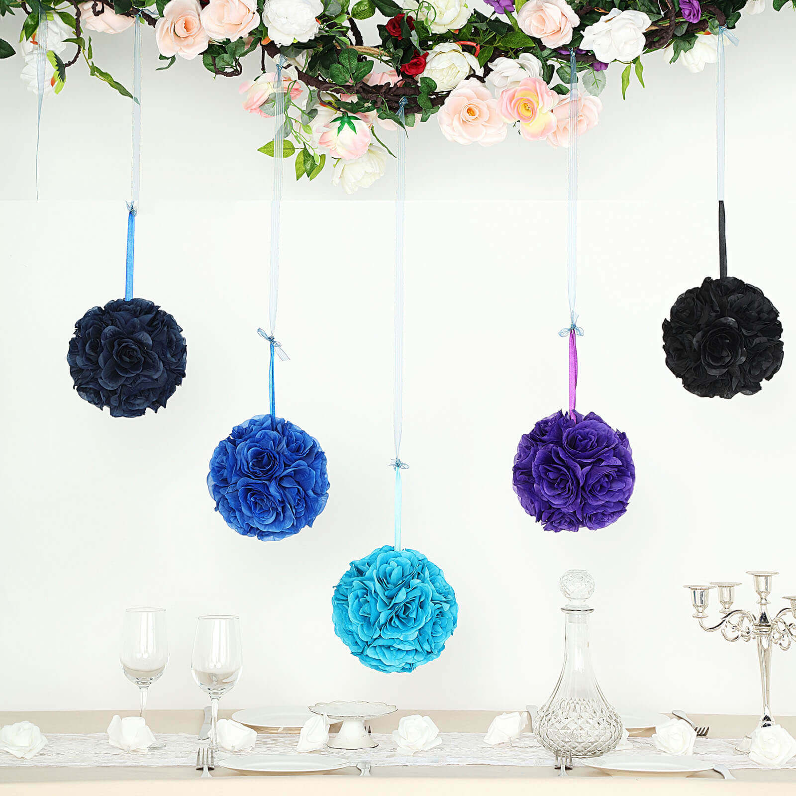 2 Pack 7 Royal Blue Artificial Silk Rose Kissing Ball, Faux Flower Ball