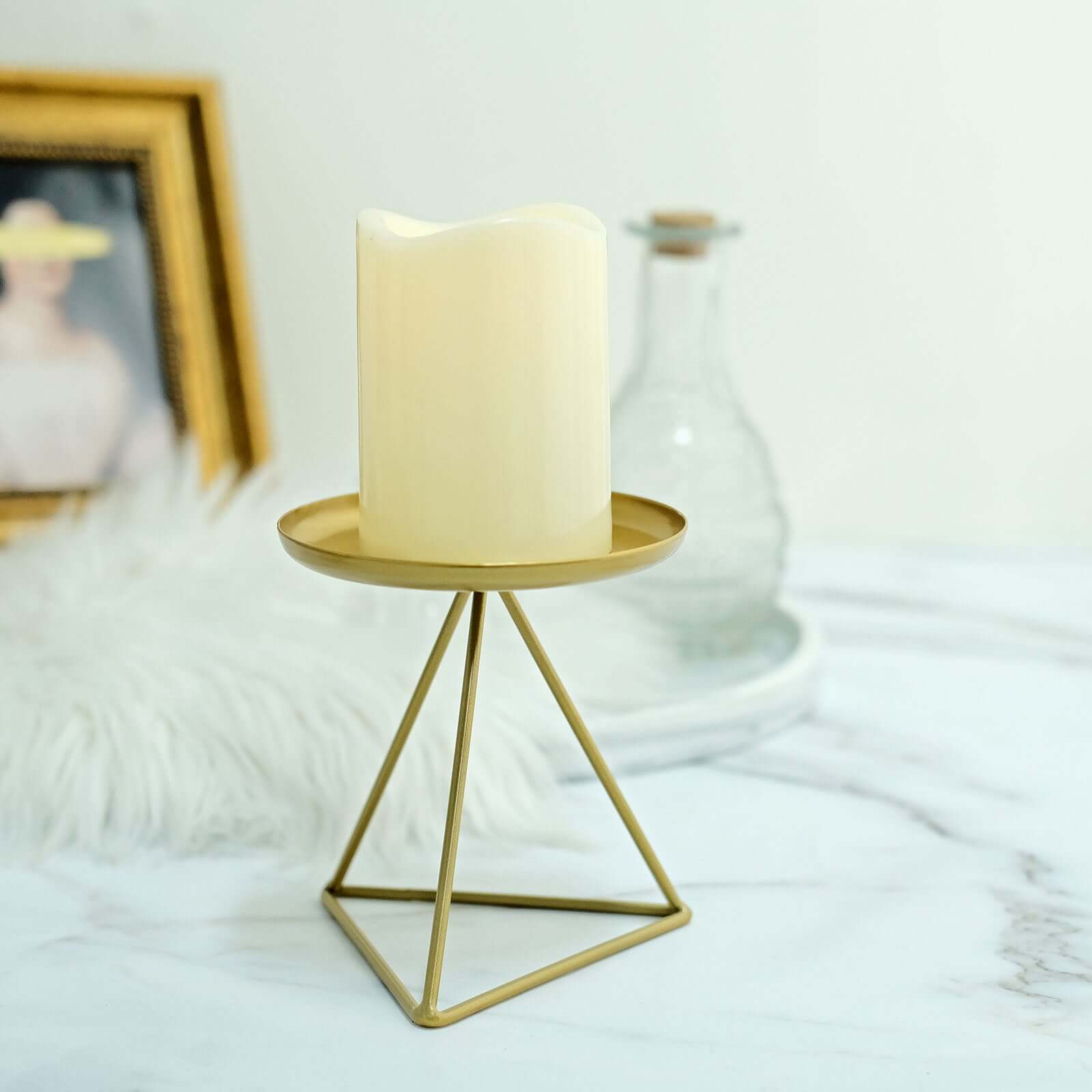 2-Pack Pillar Candle Holders Gold Metal Geometric Triangle Base Design - Decorative Centerpiece 5