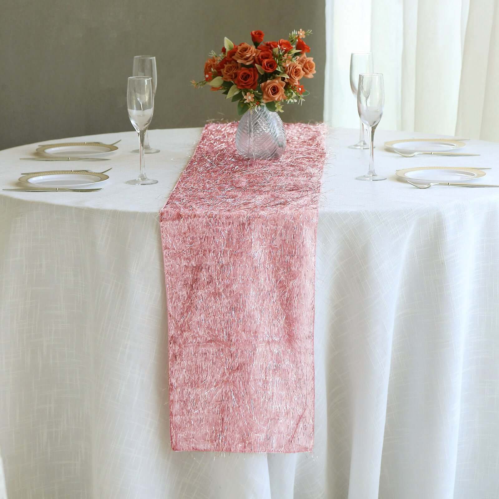 Metallic Tinsel Polyester 12x108 Table Runner Rose Gold - Shimmery Fringe Shag Table Decor