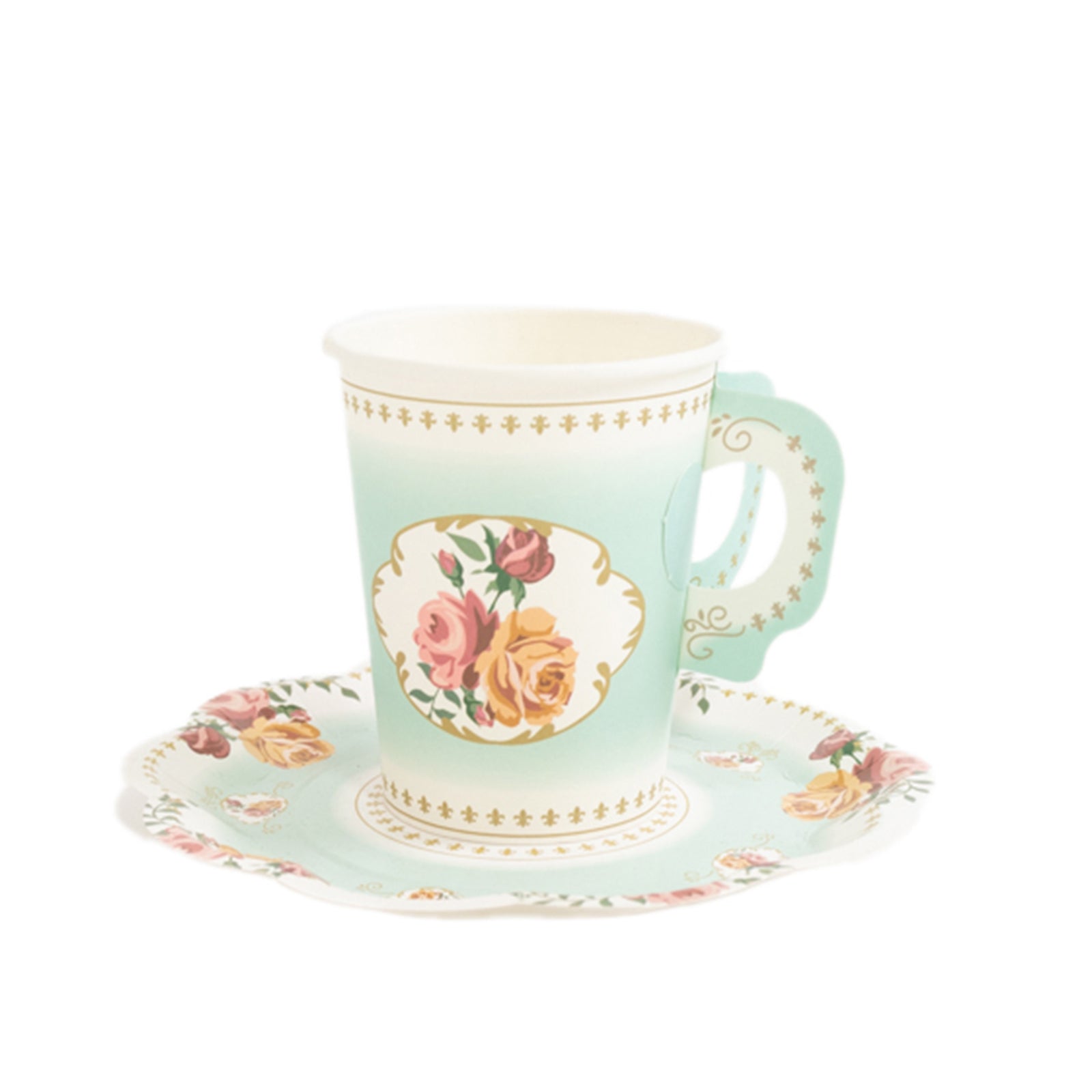 Set of 25 Paper Cups and Saucers in Turquoise with Rose Floral Print - Vintage Inspired Disposable Tea Party Decorations