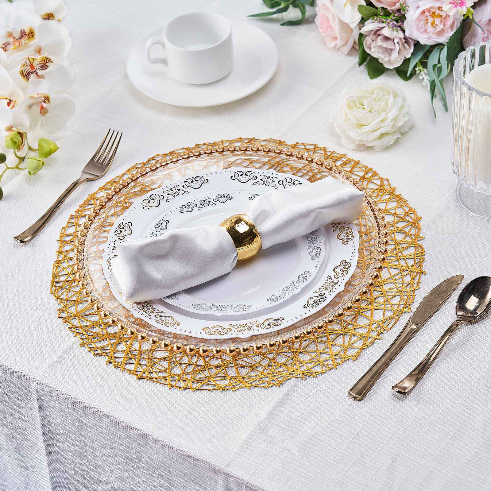 6-Pack Vinyl Placemats Gold Woven Design - Durable Non-Slip Round Table Mats for Dining 15