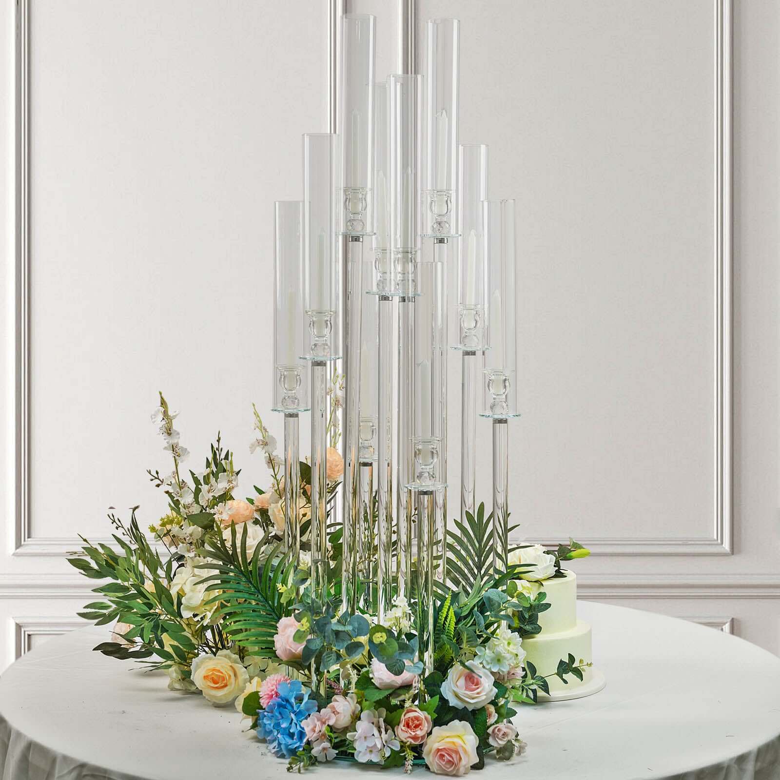 10-Arm Round Cluster Crystal Candelabra with Mirror Base Clear - Sparkling Candle Holder for Votive & Pillar Candles 47