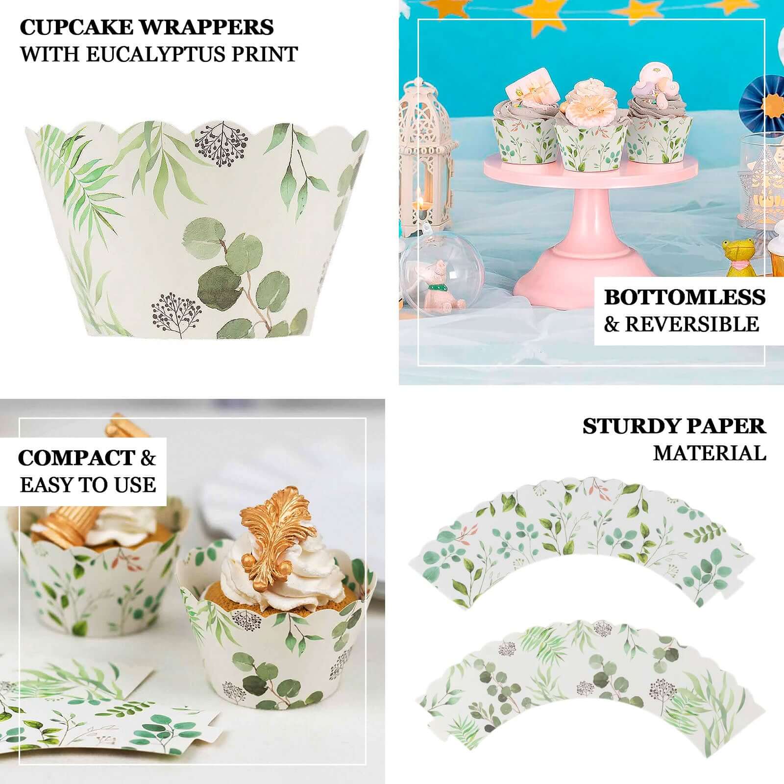 25-Pack Paper Cupcake Wrappers Eucalyptus Leaves Print White Green - Round Muffin Truffle Cup Liners 3