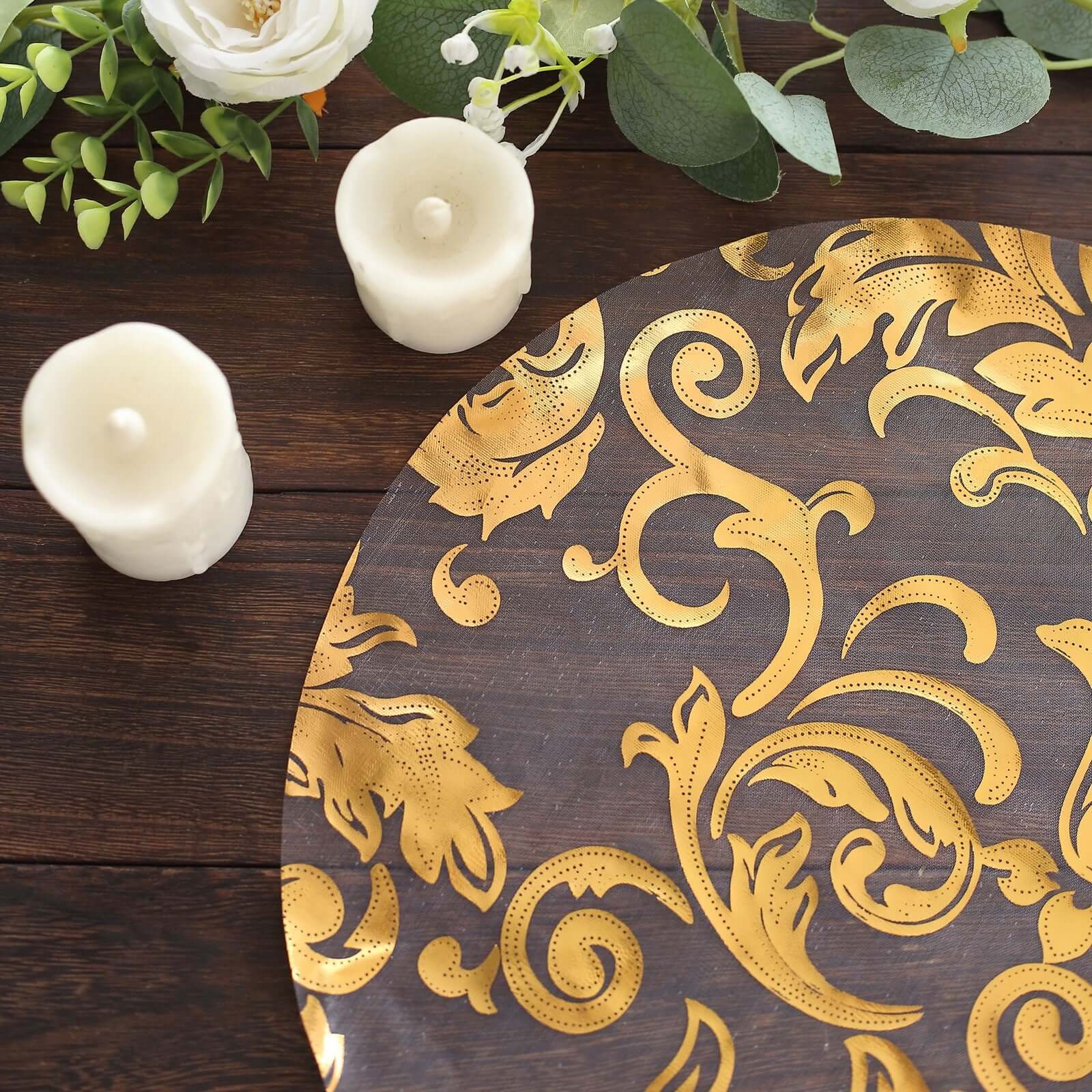 10-Pack Table Placemats Swirl Foil Floral Design Metallic Gold Round - Sheer Organza Disposable Mats 13