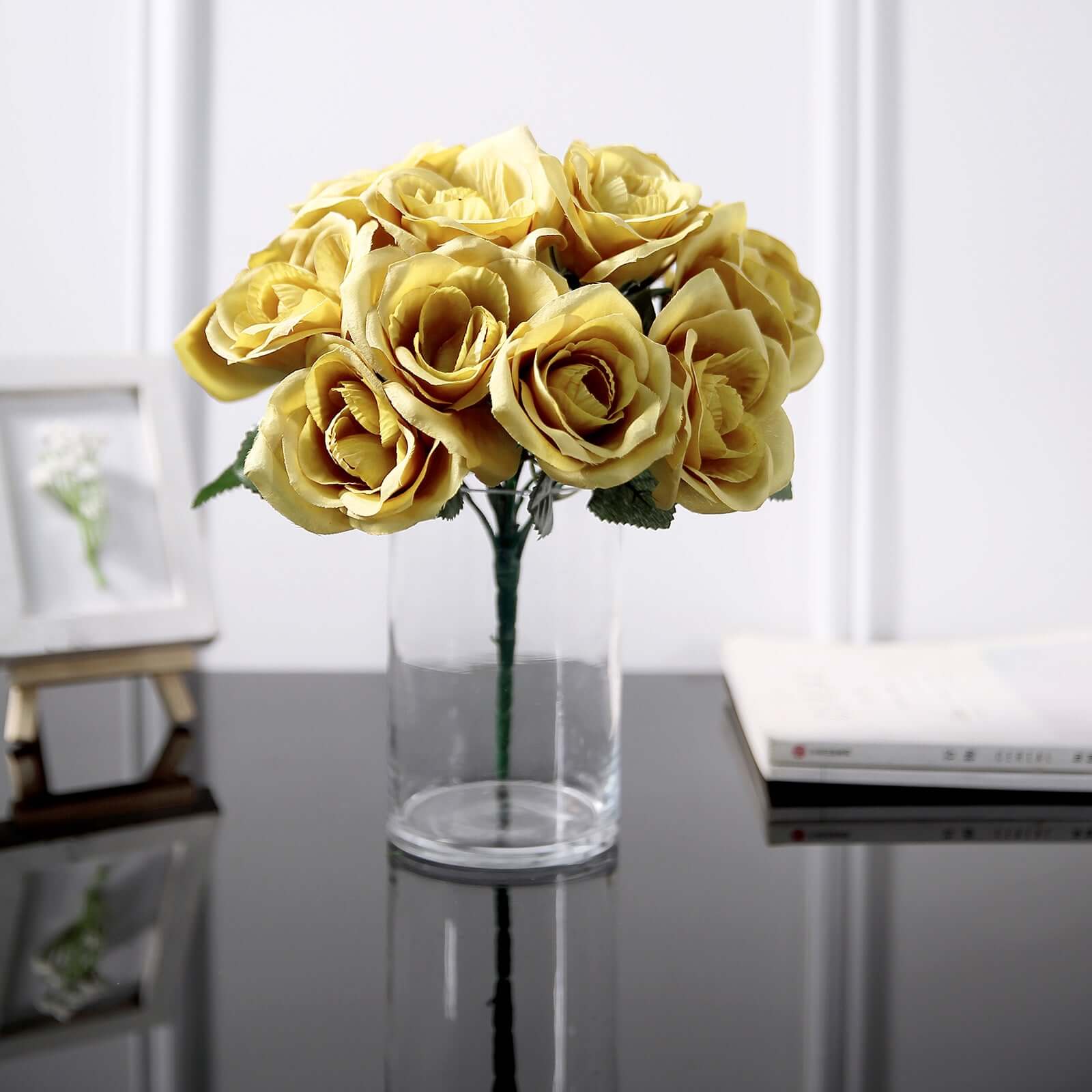 12 Gold Artificial Velvet-Like Fabric Rose Flower Bouquet Bush