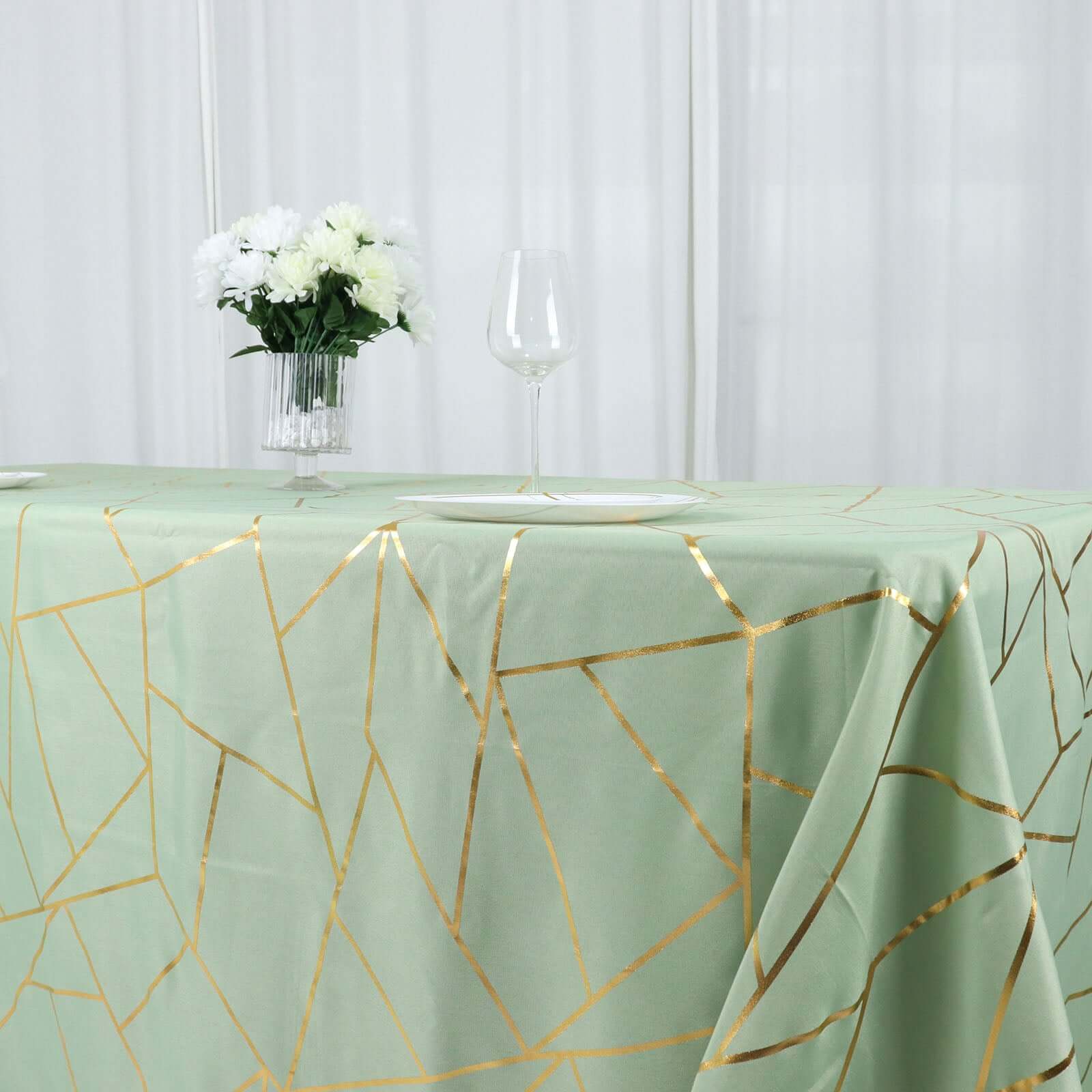 Polyester 90x132 Rectangle Tablecloth Sage Green with Gold Foil Geometric Pattern - Wrinkle-Resistant Seamless Table Cover