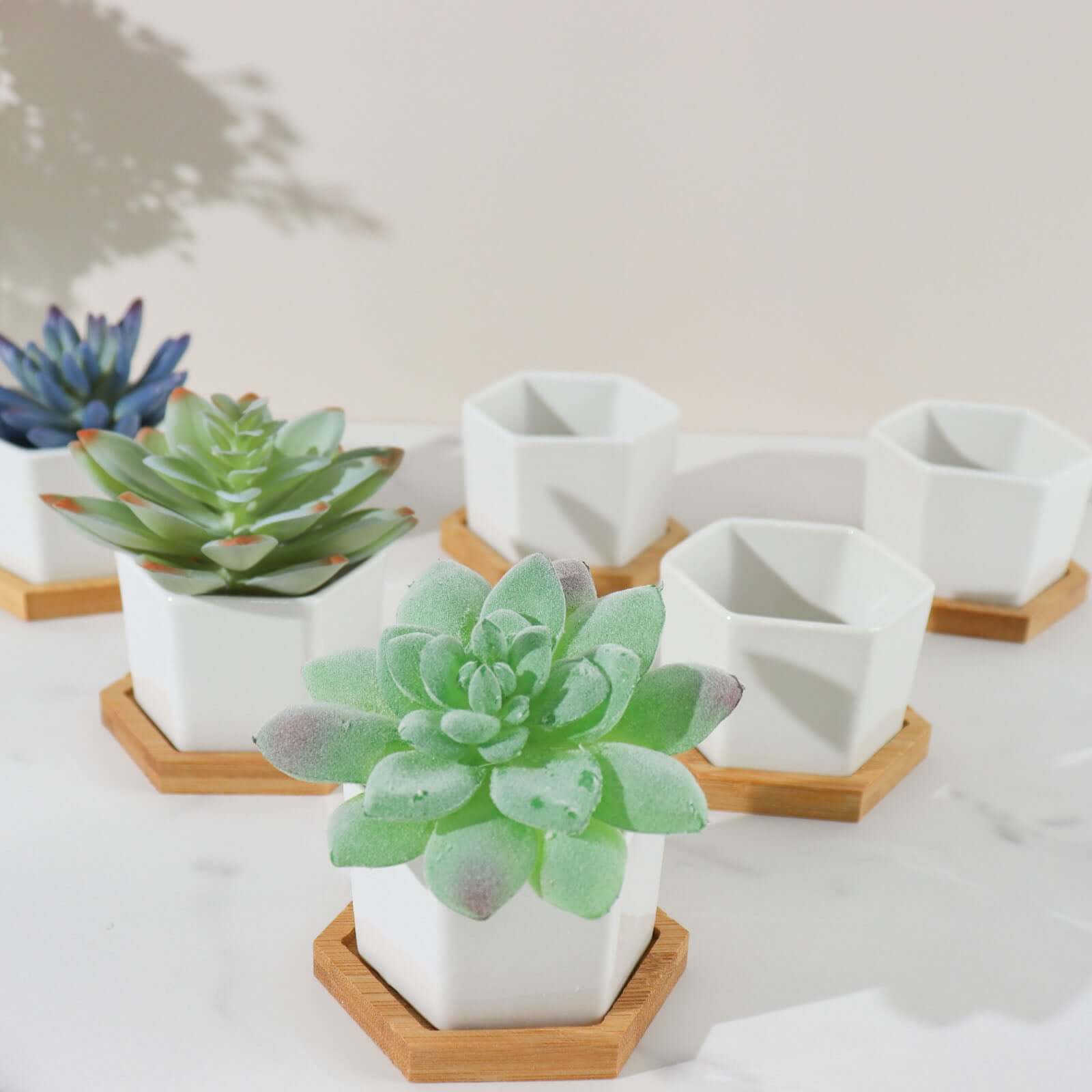 6-Pack Planter Pots Geometric Hexagon Design White - Ceramic Pots with Bamboo Tray and Removable Bottom 3