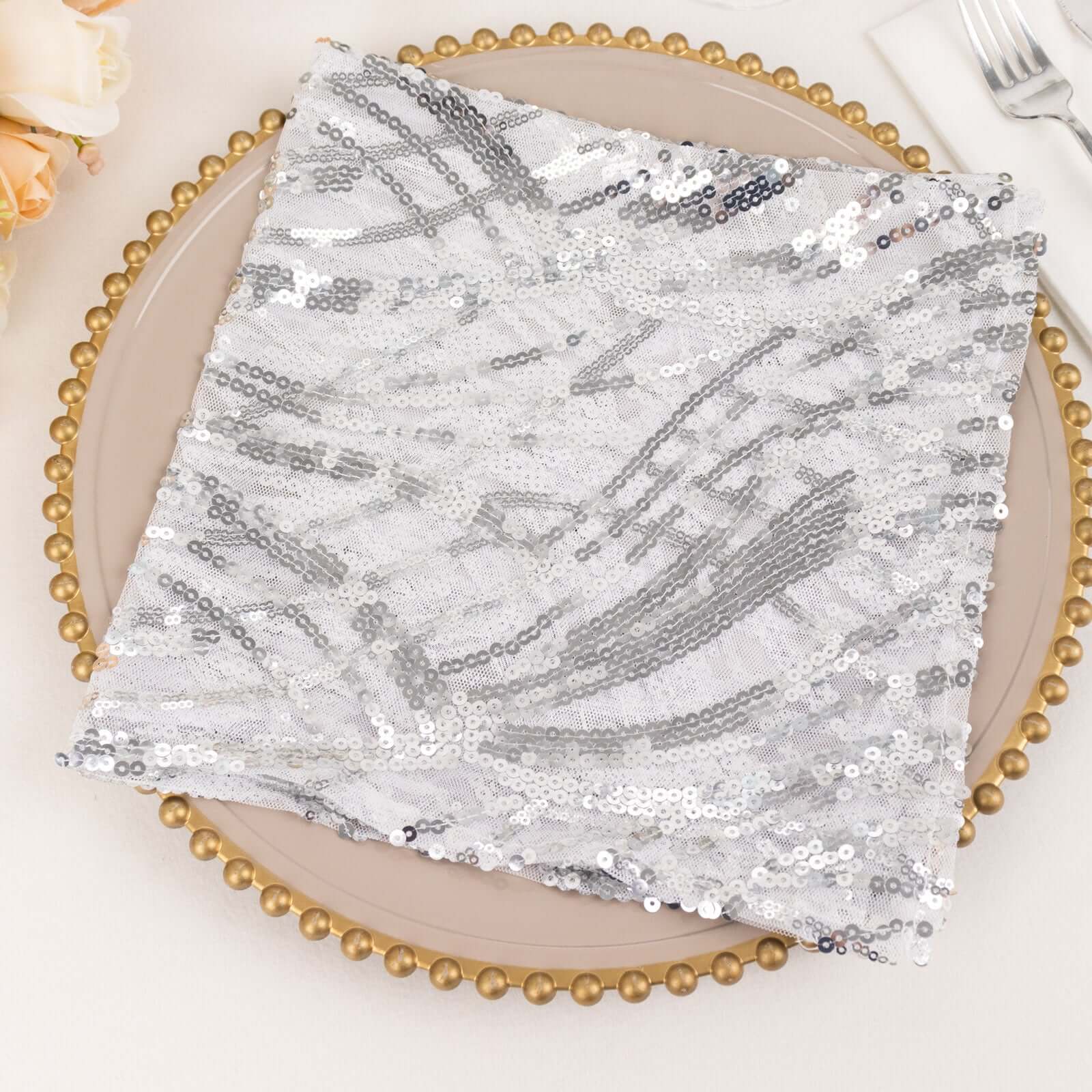 Sequin Mesh 20x20 Napkin SIlver - Wave Embroidered Reusable Napkin