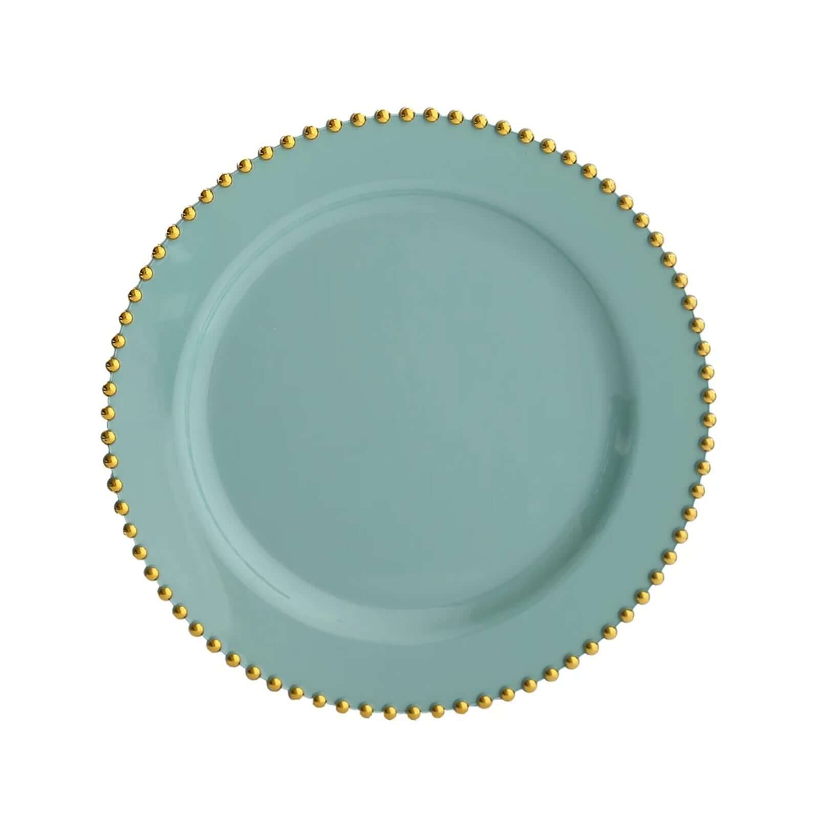 10-Pack Plastic 10 Round Dinner Plates in Dusty Sage Green with Gold Beaded Rim - Disposable Party Plates