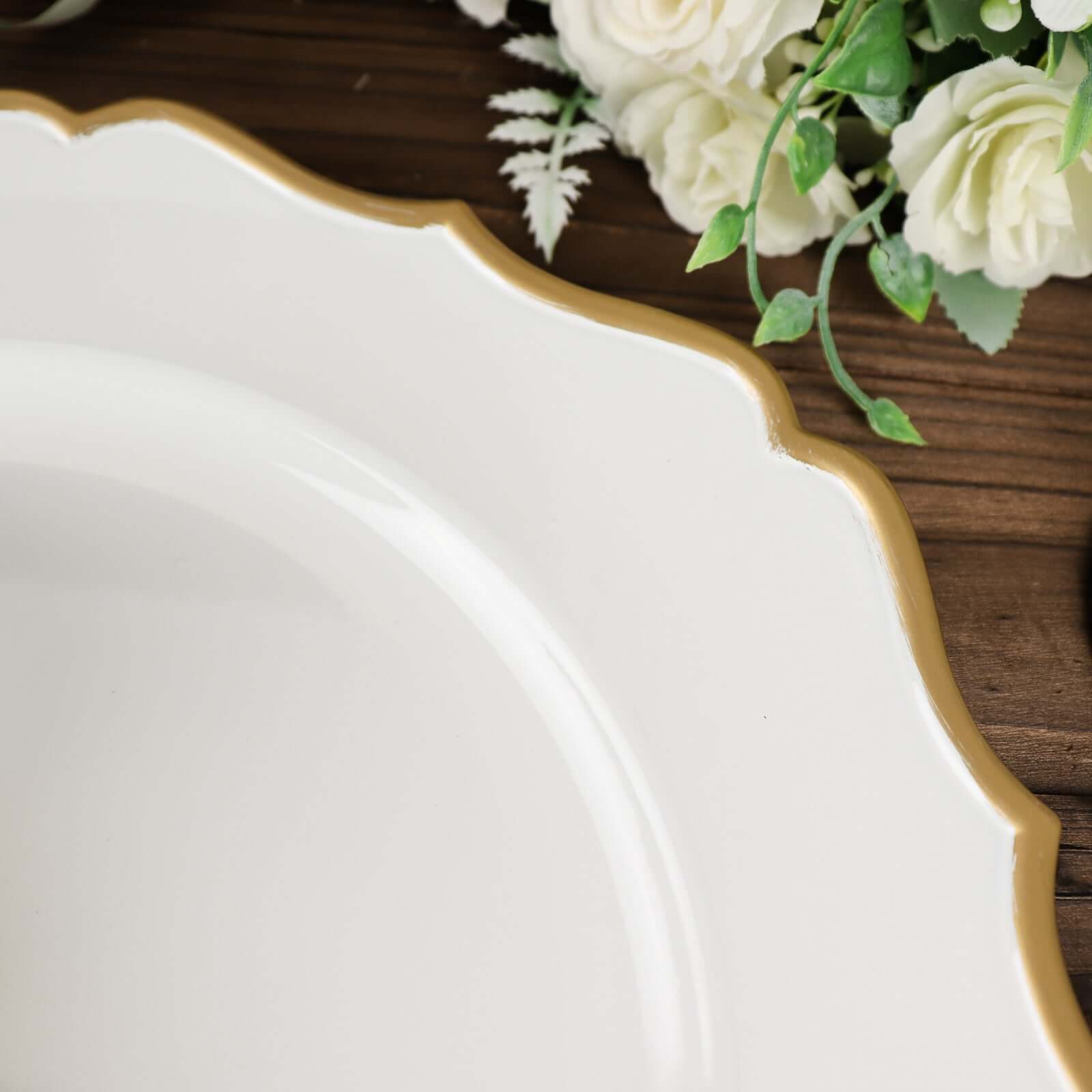6-Pack Acrylic Round Charger Plates 13 in White with Gold Scalloped Rim, Decorative Dinner Party Plastic Charger Tableware