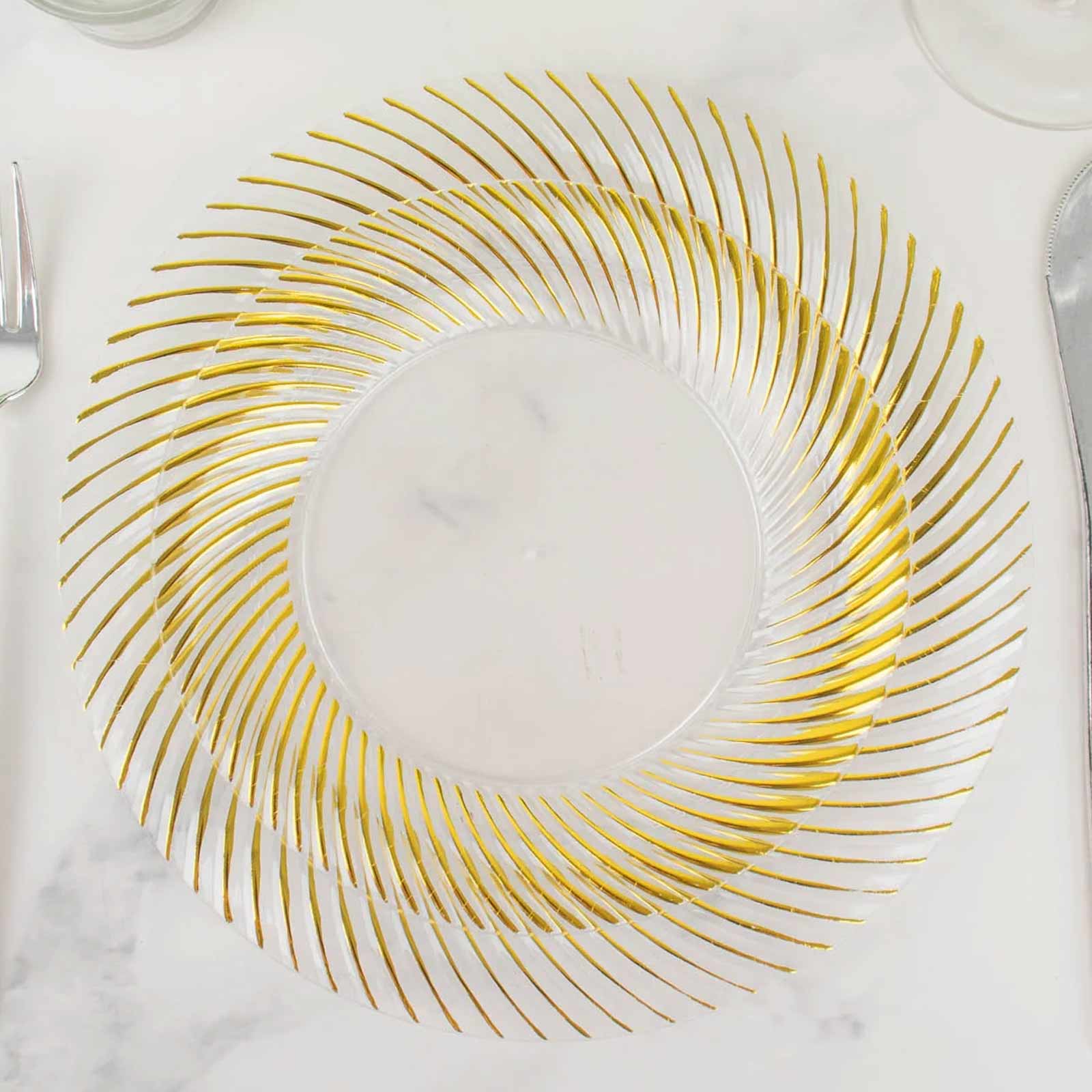 10-Pack Plastic 7 Round Dessert Plates in Clear with Gold Swirl Rim - Disposable Salad Plates