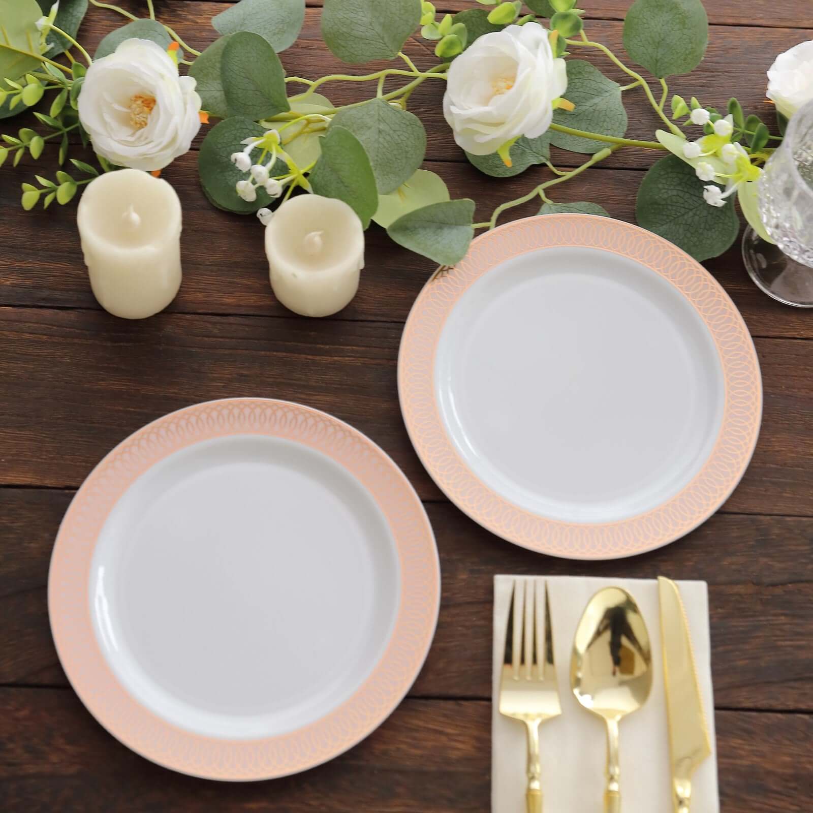 10-Pack Plastic Round Dessert Plates 7 White with Blush Rose Gold Spiral Rim - Chic Disposable Salad Plates for Events & Banquets