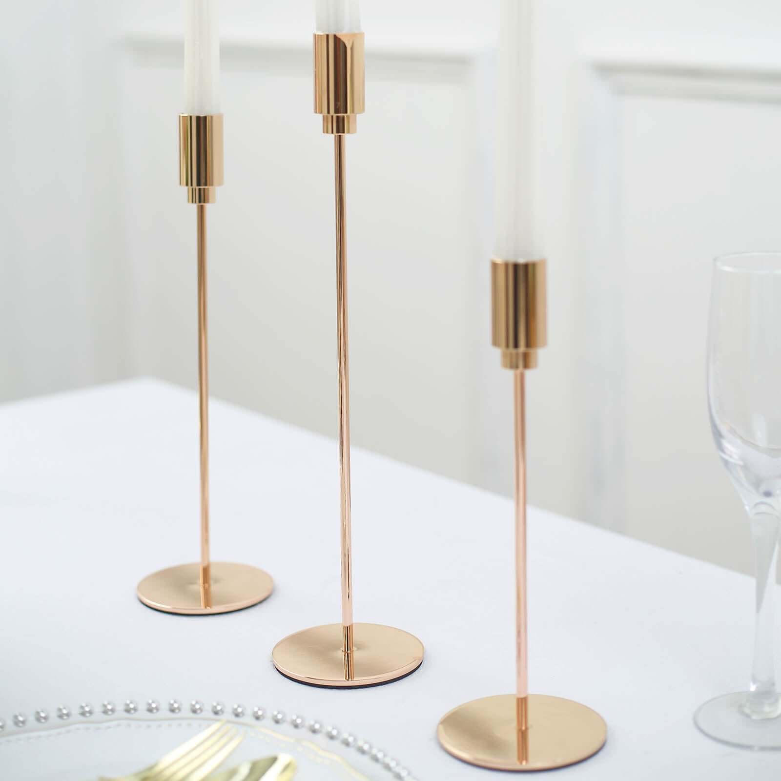 Set of 3 Taper Candle Stands Gold Metal Decorative Round Base Design - Wedding Table Accents 9, 10, 13