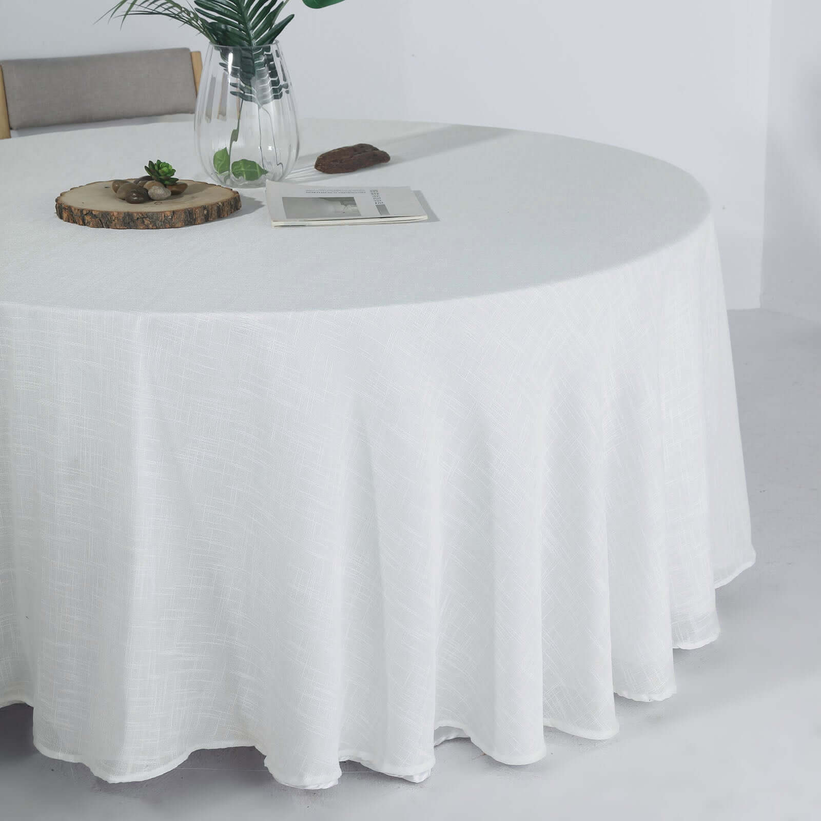 Faux Linen 120 Round Tablecloth White - Modern Slubby Texture with Wrinkle-Resistant Appeal Seamless Table Cover