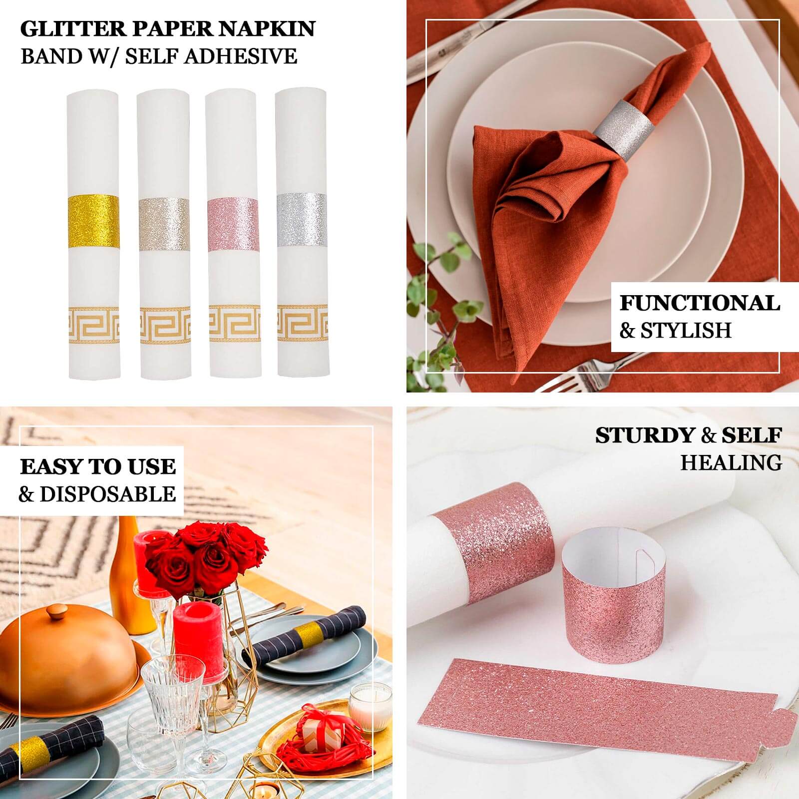 50-Pack Paper Napkin Rings Rose Gold Glitter - Stylish Disposable Napkin Holders 1.5