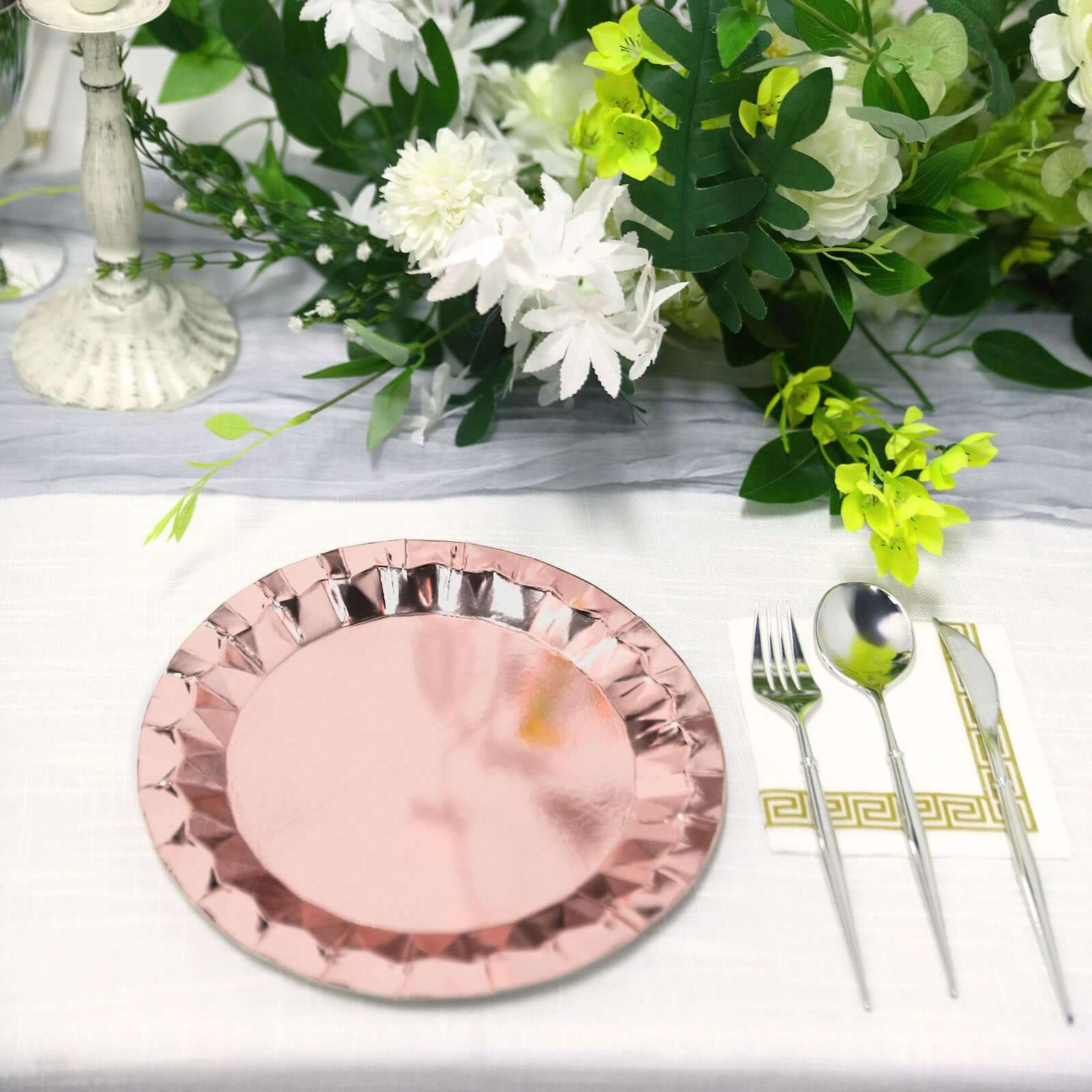 25-Pack Paper 9 Round Dinner Plates in Metallic Rose Gold with Geometric Prism Rim - Disposable 400GSM Party Plates