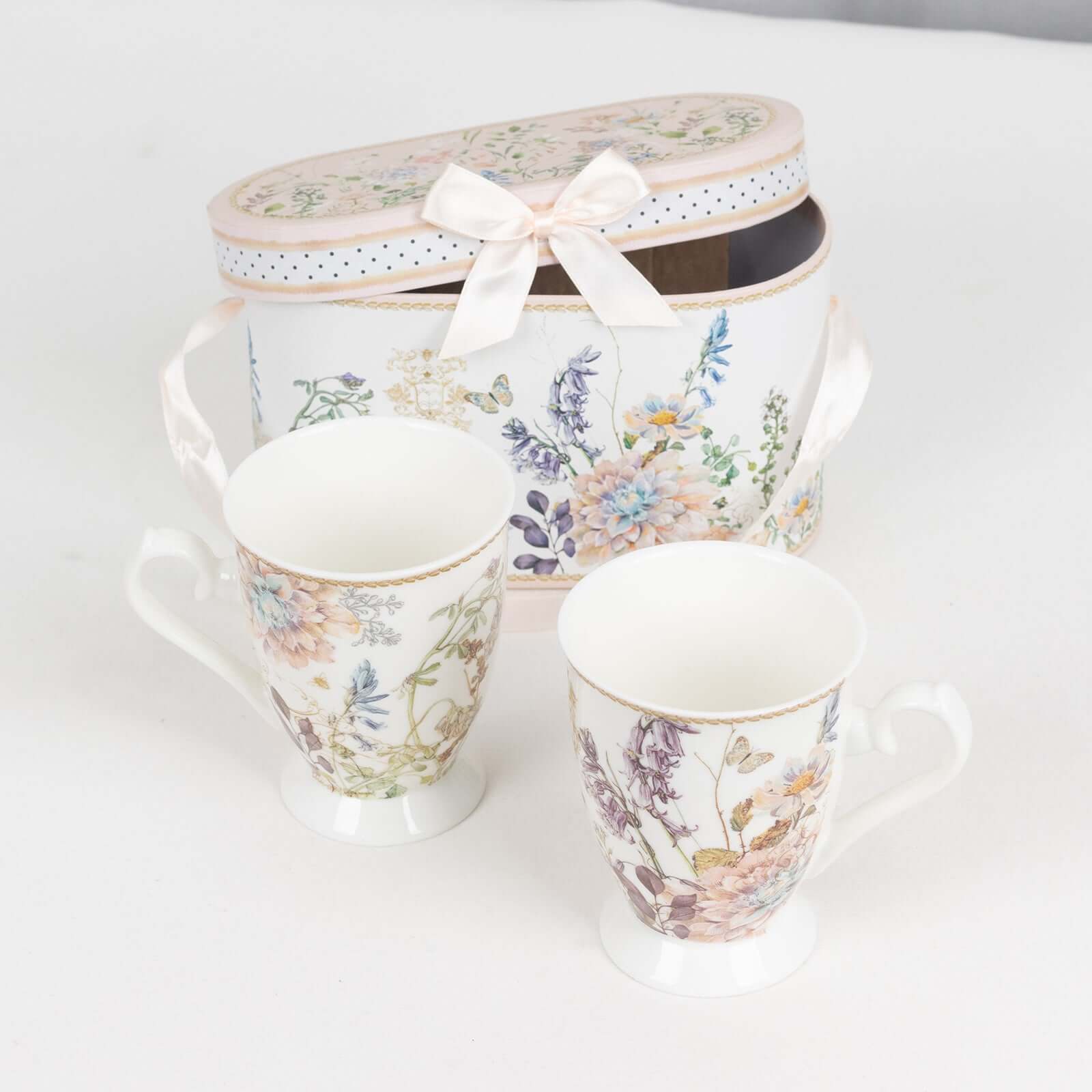 Blush Floral Design Bridal Shower Gift Set, 2 Pack Porcelain Tea Cups With Matching Keepsake Gift Box and Satin Ribbon Handle