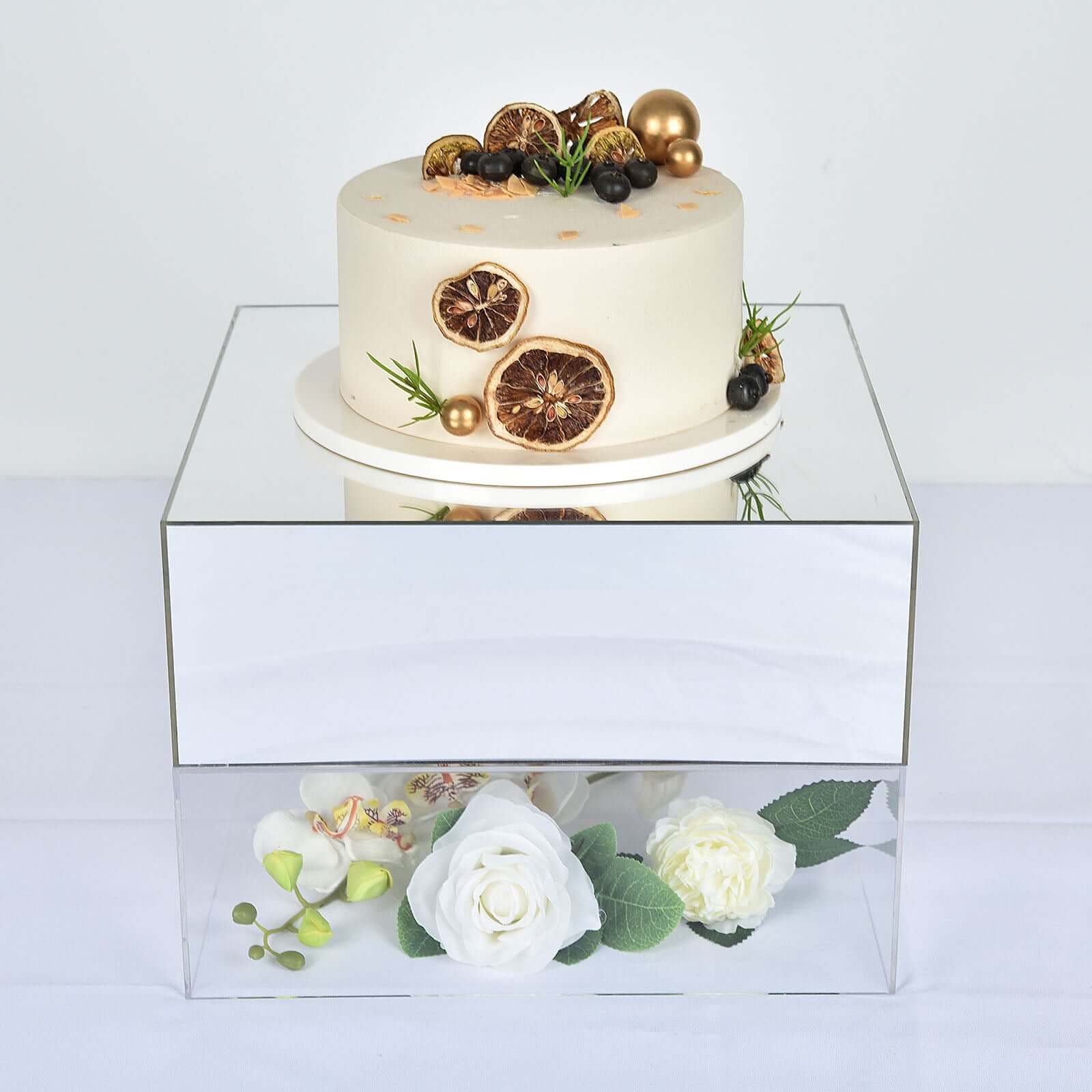 Acrylic Cake Box Stand Pedestal Riser Mirror Finish Silver - Display for Desserts and Events 14x14