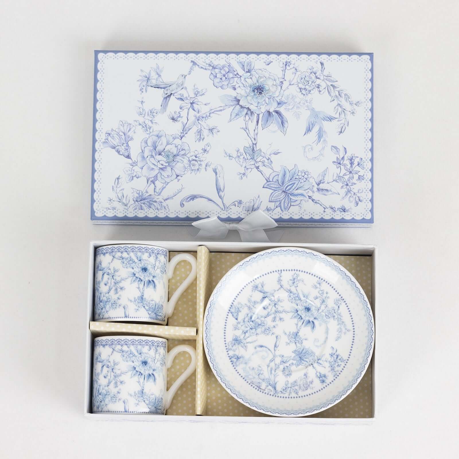 White Blue French Toile Bridal Shower Gift Set, Set of 2 Porcelain Espresso Cups and Saucers with Matching Keepsake Box