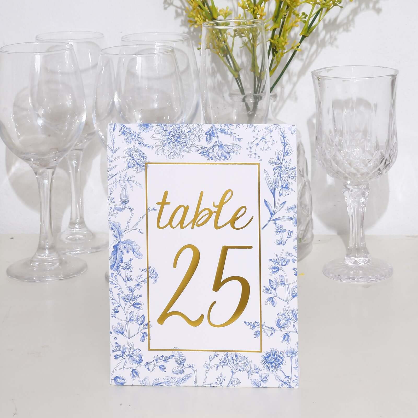 25-Pack Paper Wedding Table Numbers 1-25 White/Blue French Toile Design - Free Standing Double Sided Table Signs with Glam Gold Foil Numbers 7