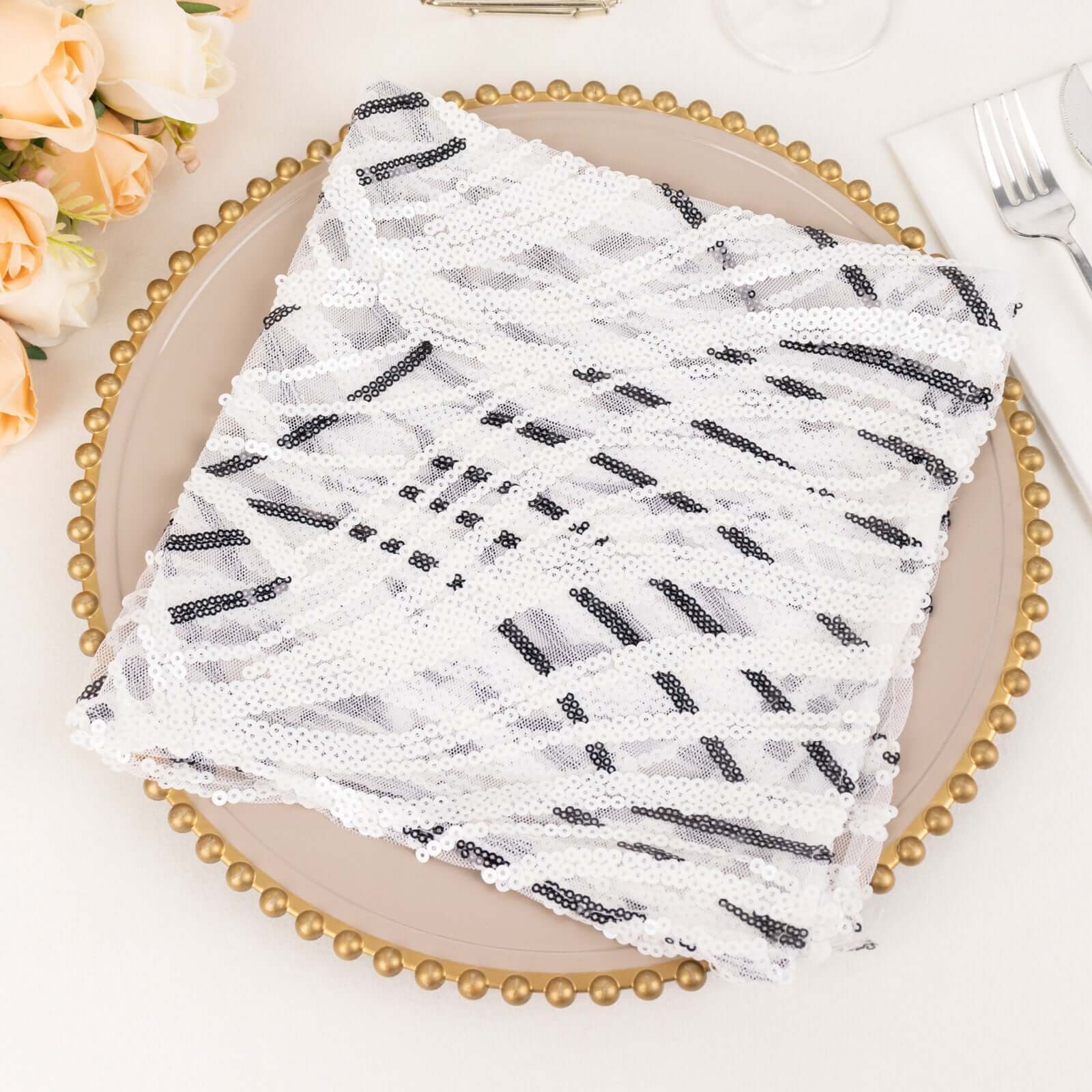 Sequin Mesh 20x20 Napkin White Black - Wave Embroidered Reusable Napkin