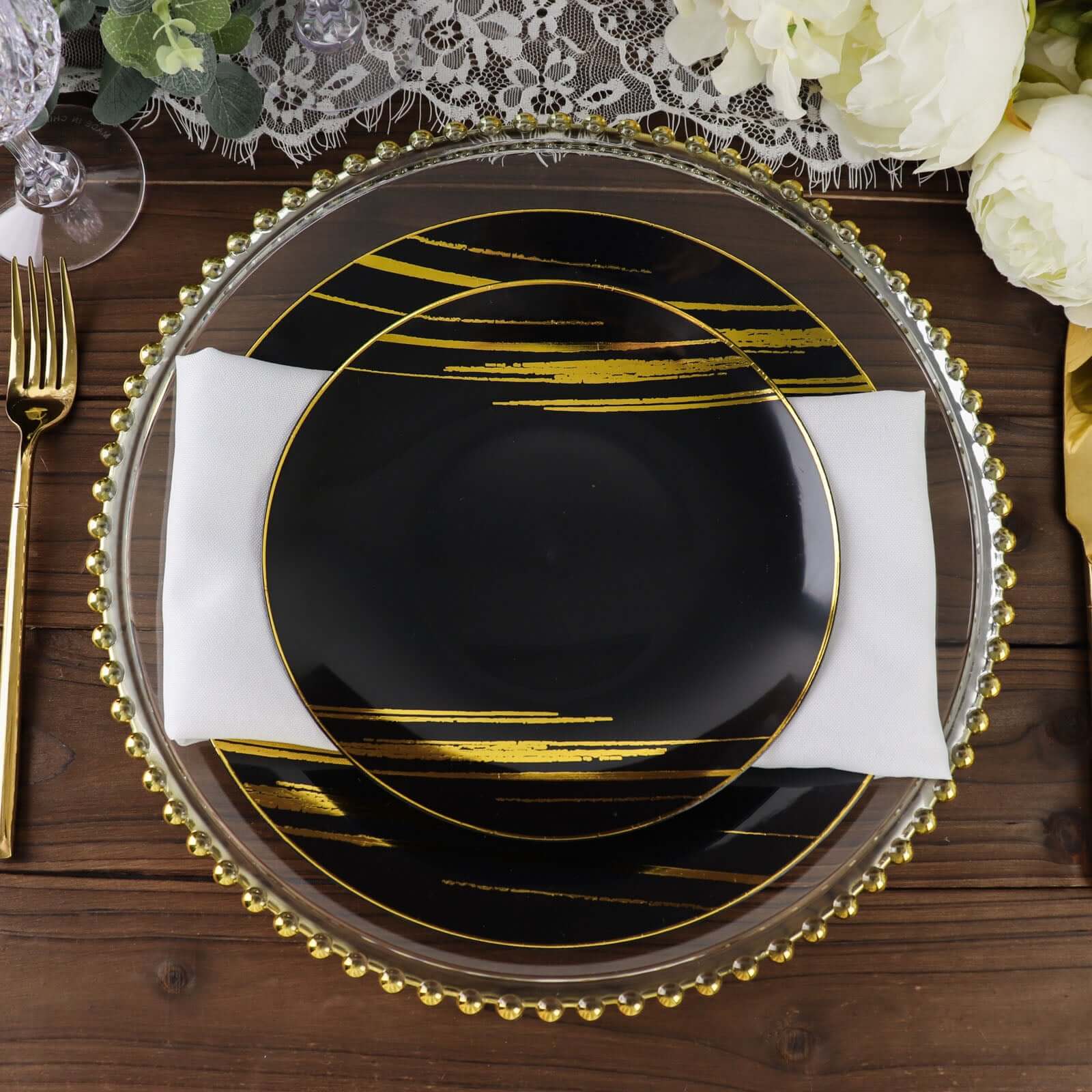 10-Pack Plastic 10 Round Dinner Plates in Black with Gold Brush Stroked Print - Disposable Party Dinnerware