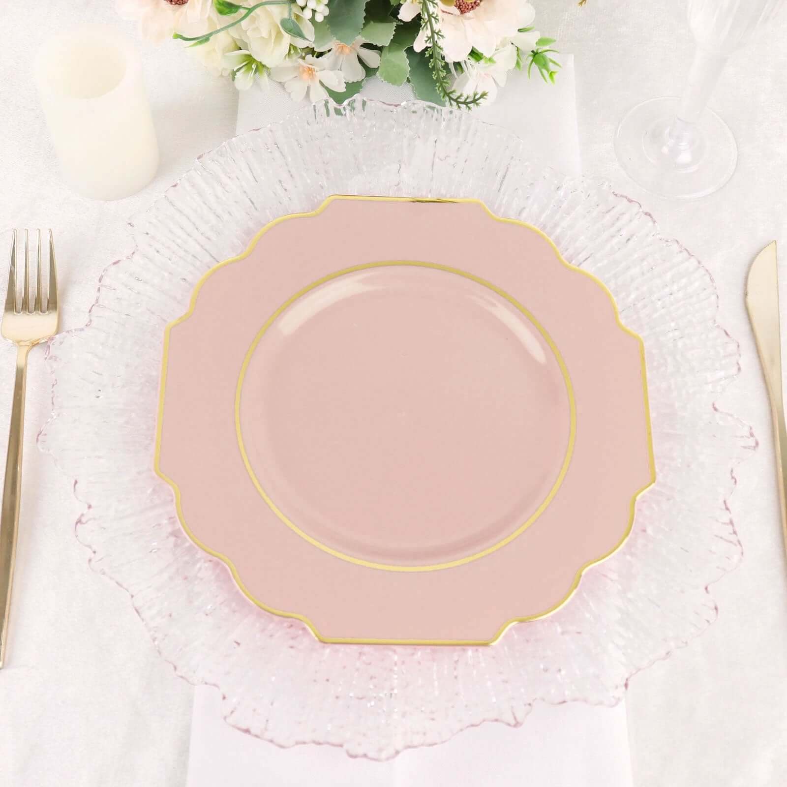 10-Pack Plastic Dessert Appetizer Plates in Blush Baroque Design with Scalloped Gold Rim - Heavy Duty Disposable Salad Plates 8