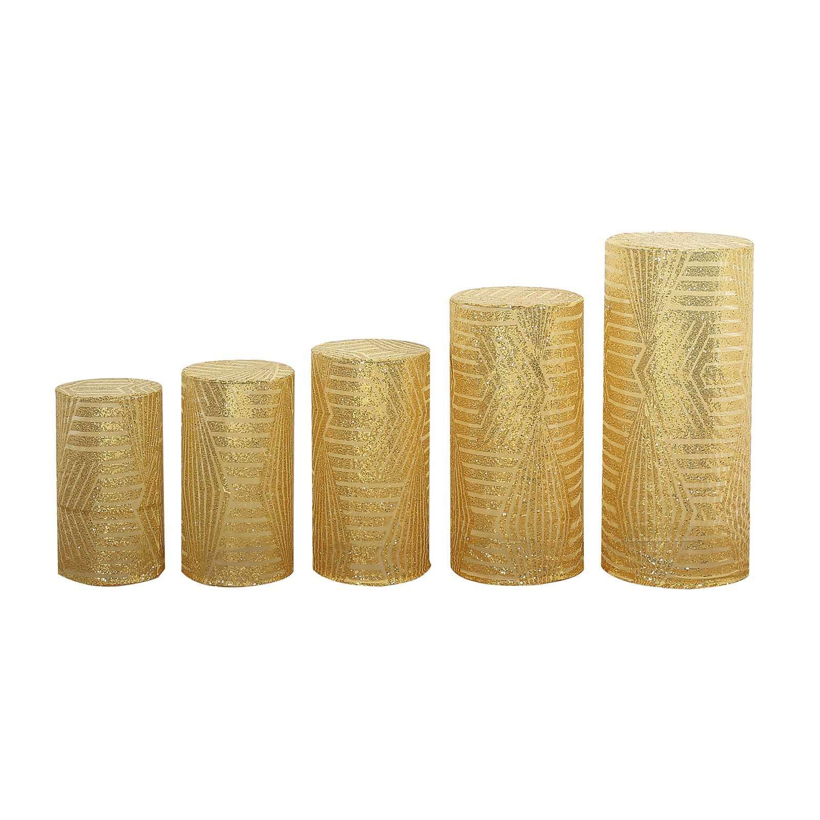 Set of 5 Gold Sequin Mesh Cylinder Pedestal Stand Covers with Geometric Pattern Embroidery, Sparkly Sheer Tulle Pillar Prop Covers