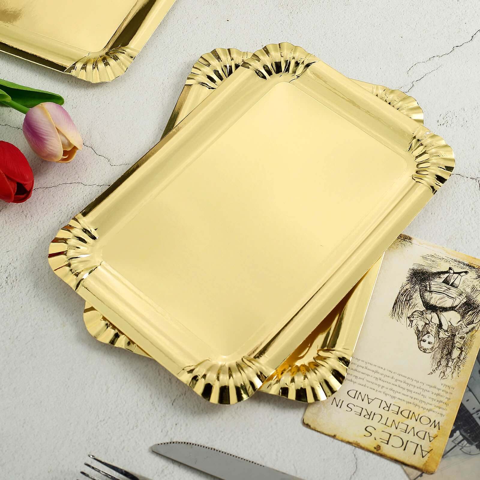 10-Pack Paper 9 Rectangle Serving Trays Metallic Gold - Durable Disposable 400GSM Cardboard Party Platters With Designer Edges for Festive Celebrations