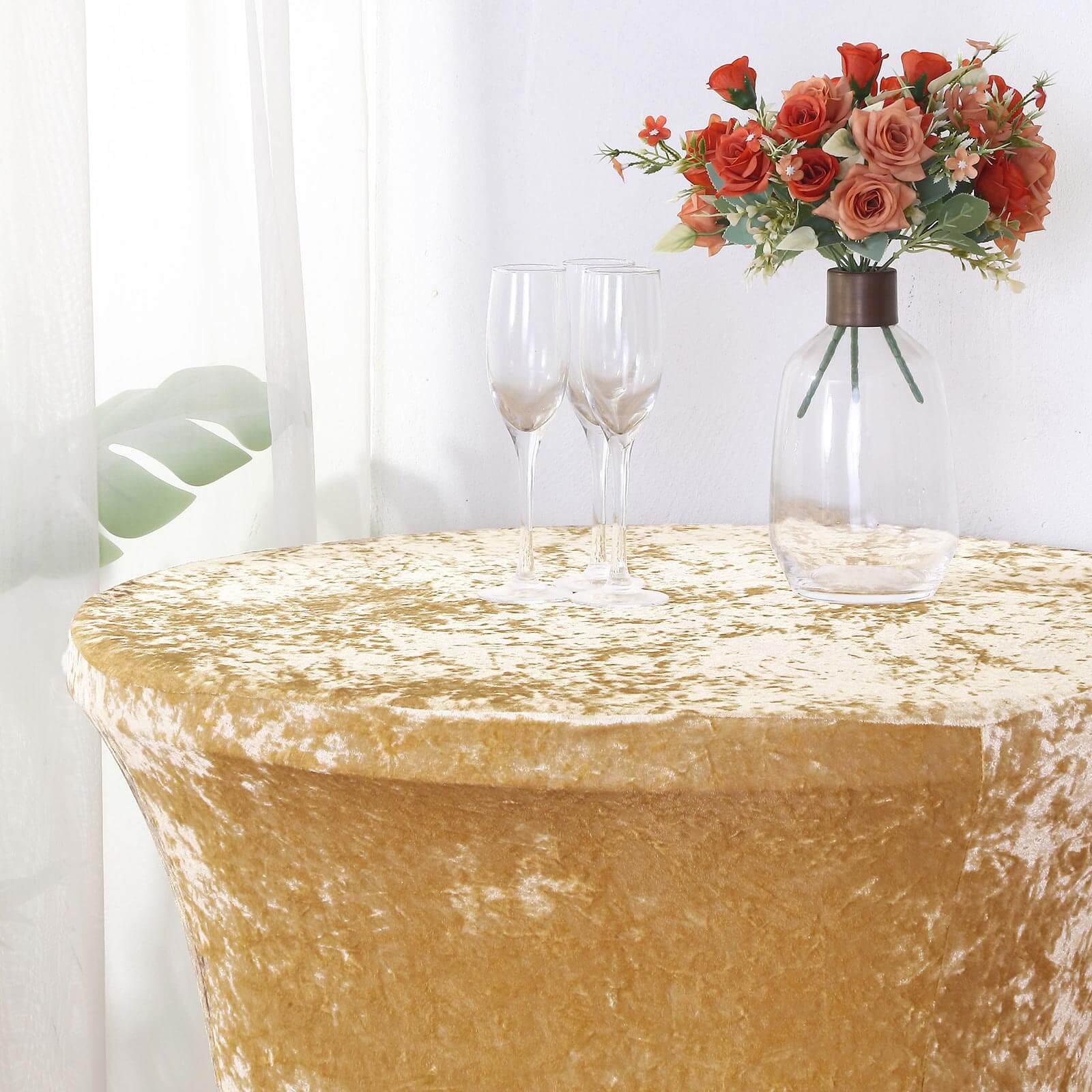 Crushed Velvet Spandex 32 Round Cocktail Table Cover Champagne Smooth Highboy Tablecloth