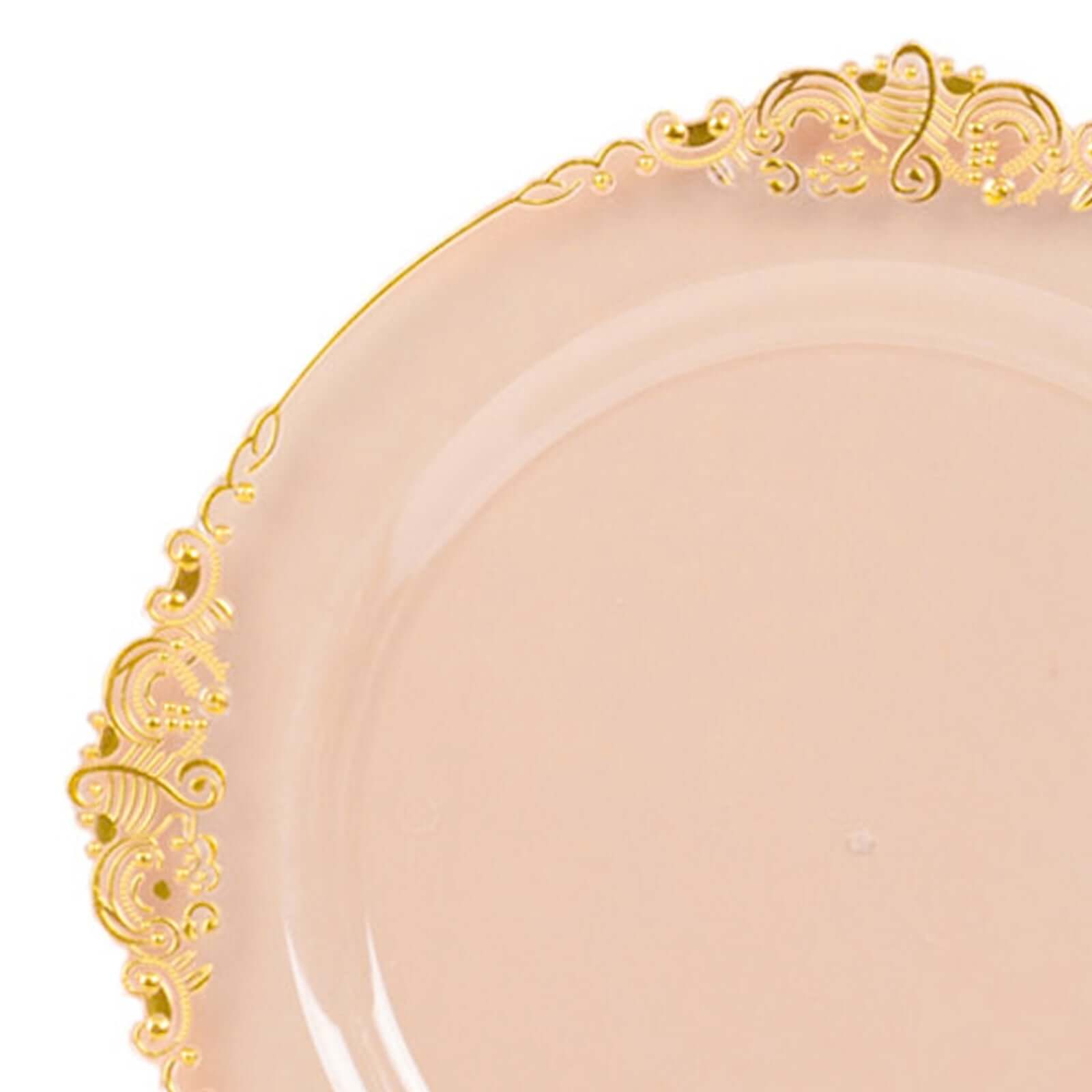 10-Pack Plastic 8 Round Dessert Plates in Transparent Blush with Gold Leaf Embossed Rim - Disposable Vintage Baroque Style Salad Plates