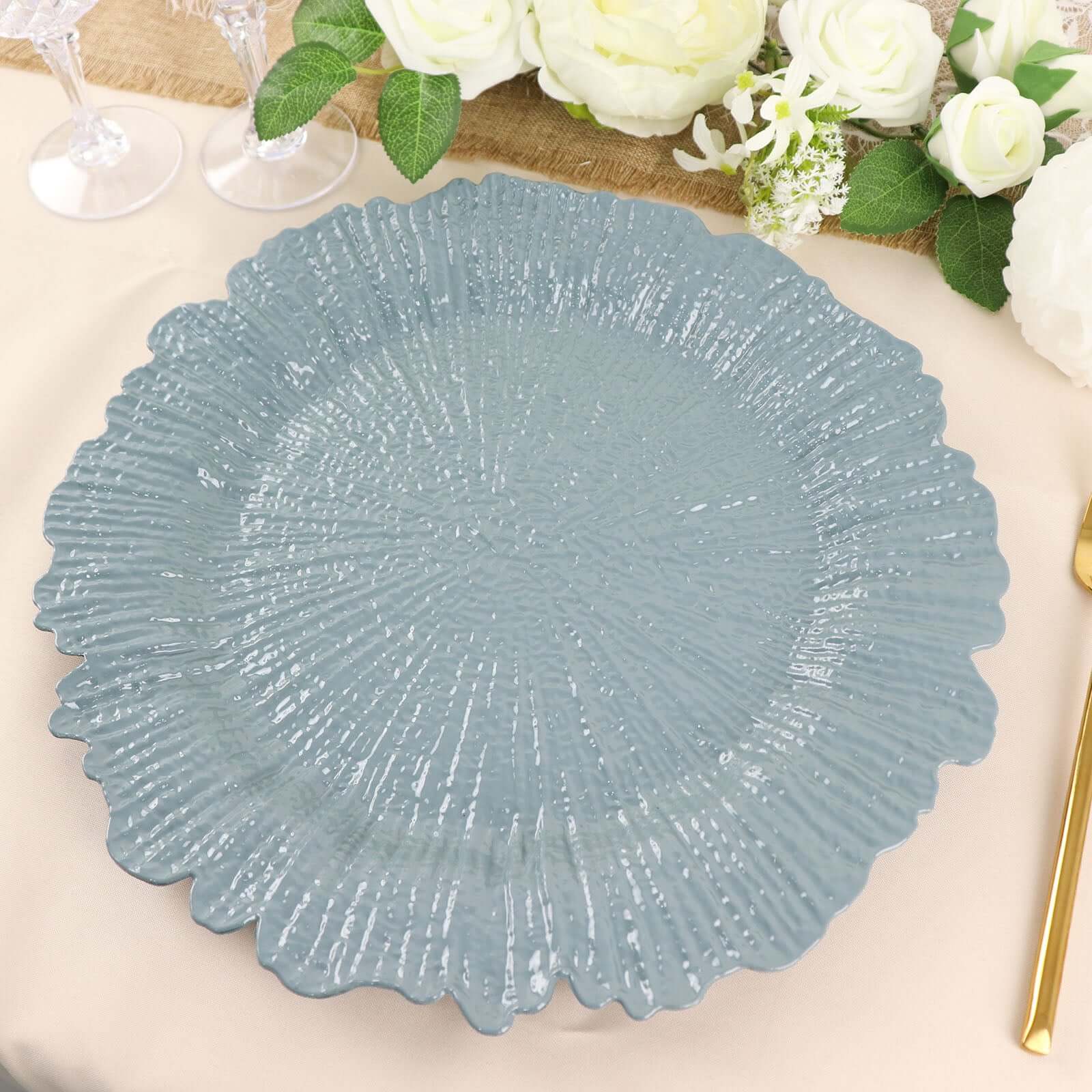 6-Pack Acrylic Plastic Round Charger Plates 13 in Dusty Blue with Reef Design, Dinner Charger Tableware