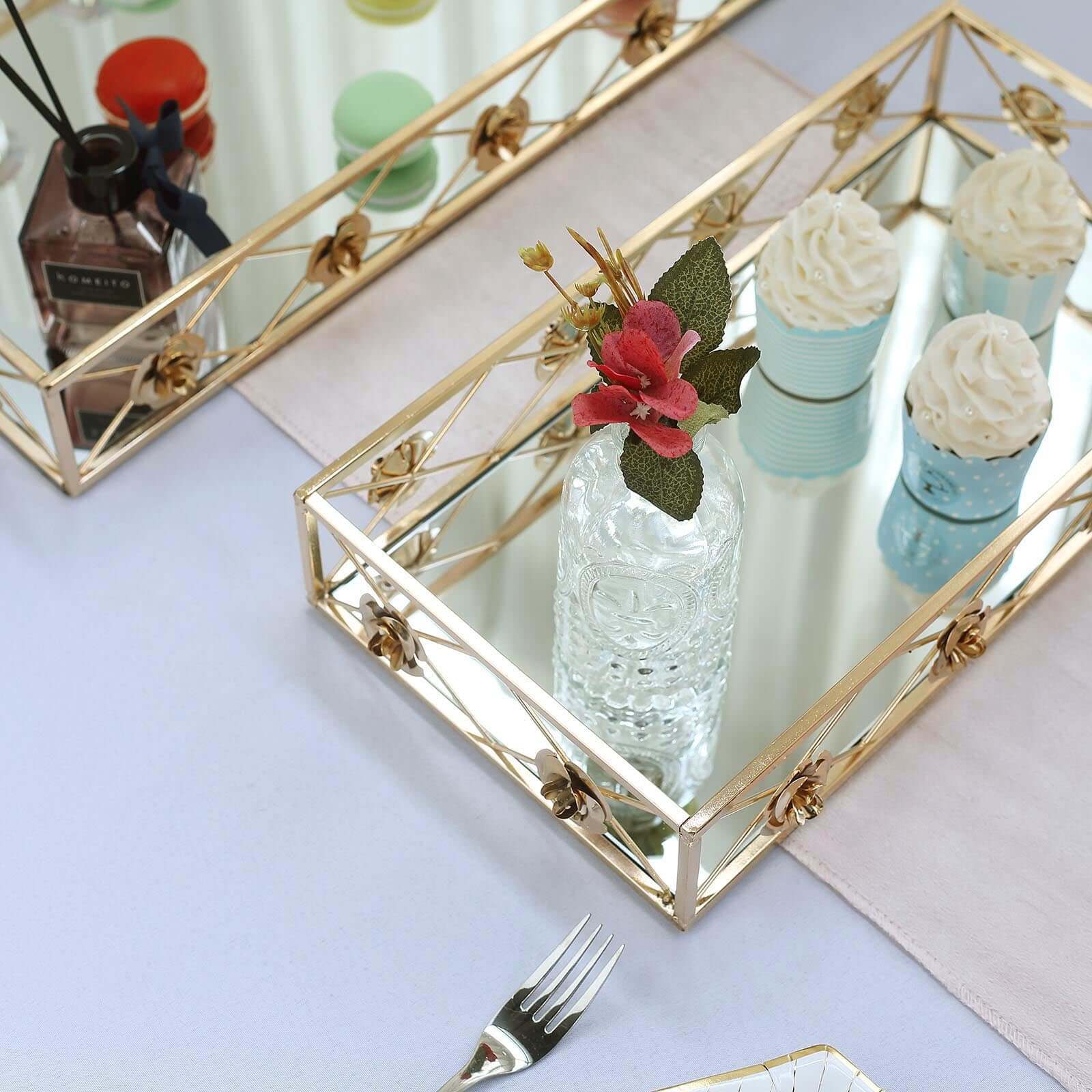 Set of 2 Metal Mirrored Rectangle Serving Trays in Gold with Rose Borders, Glamorous Decorative Vanity Tray Centerpiece 15x8, 19x12