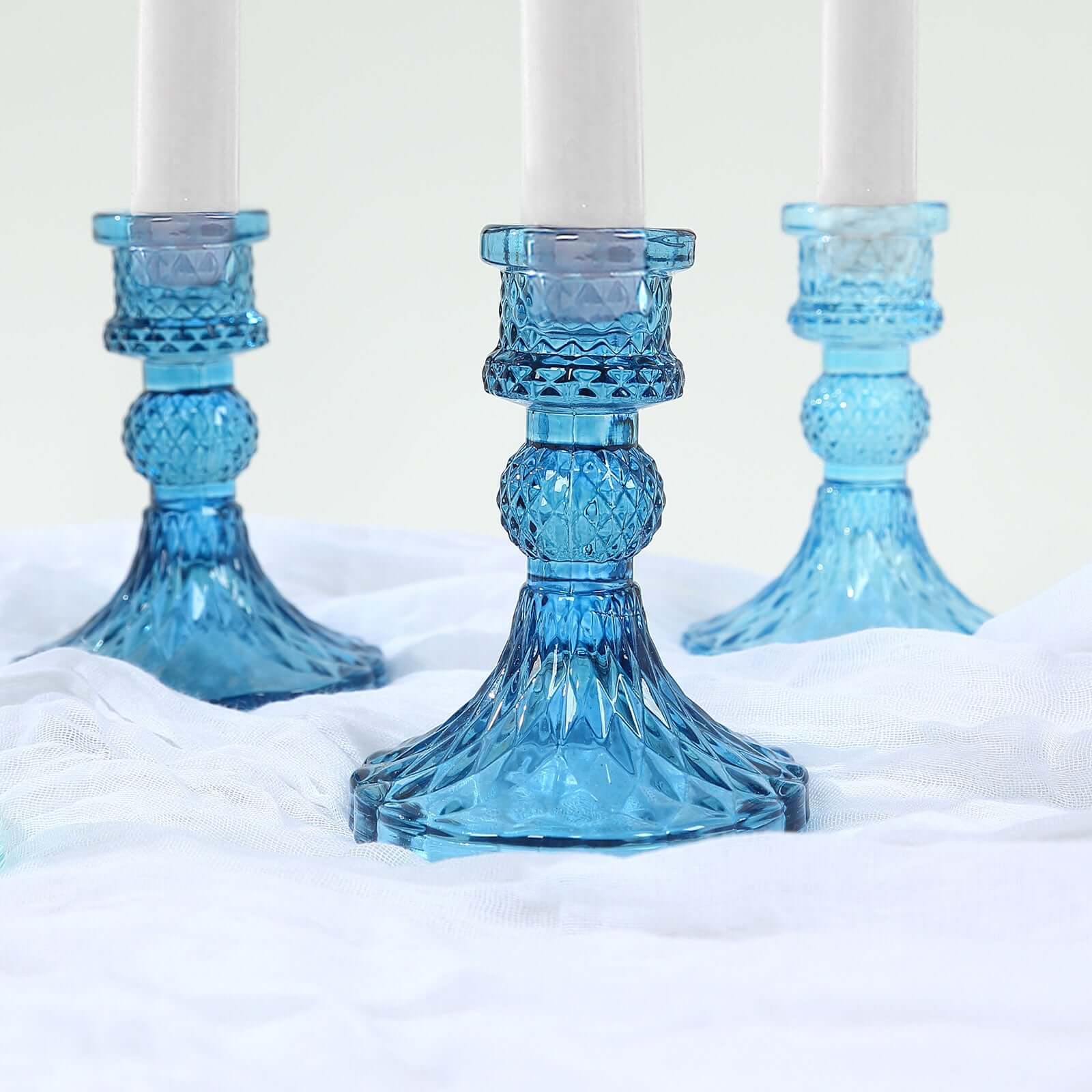 6-Pack Glass Taper Candlestick Holders Diamond Pattern Design Assorted Blue - Reversible Crystal Pillar Votive Stands 4