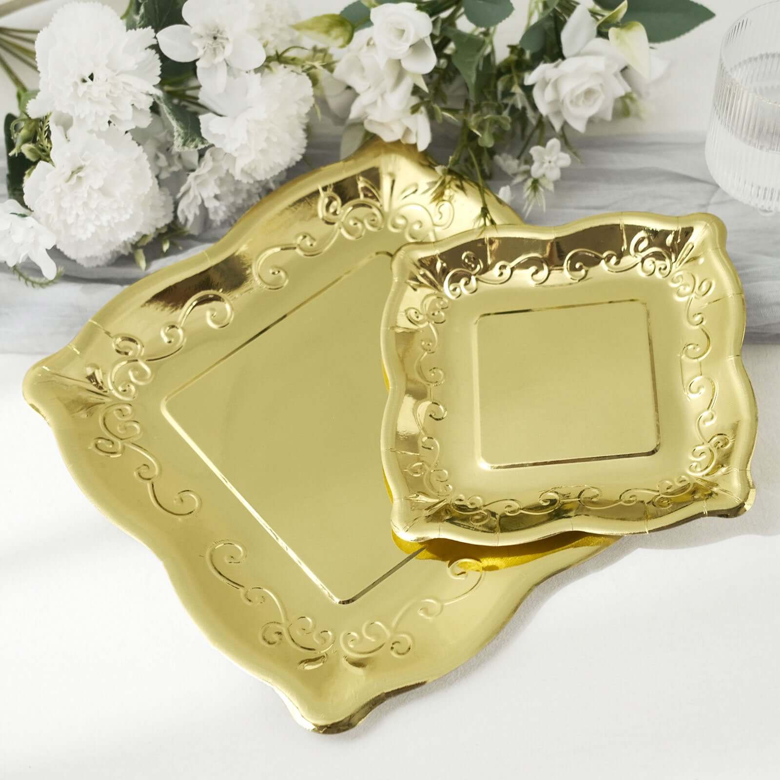 25-Pack Paper 11 Square Dinner Plates in Gold with Vintage Pottery Embossed Design - Shiny Metallic Disposable Serving Plates for Glamorous Dinners & Events