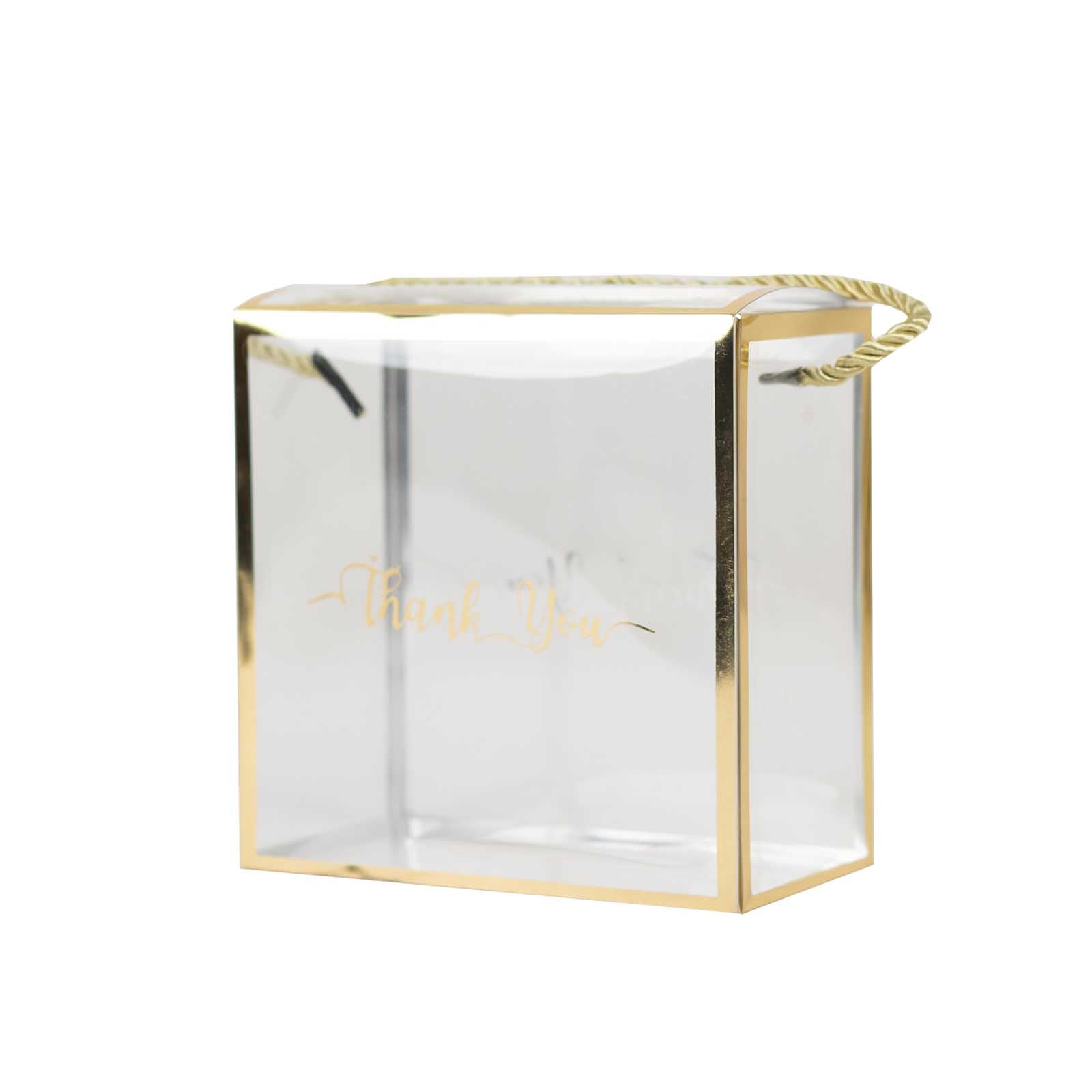 25 Pack Gold Trimmed Clear PVC Gift Boxes with Rope Handles and Thank You Print, Transparent Portable Candy Favor Boxes - 5.5x5.5