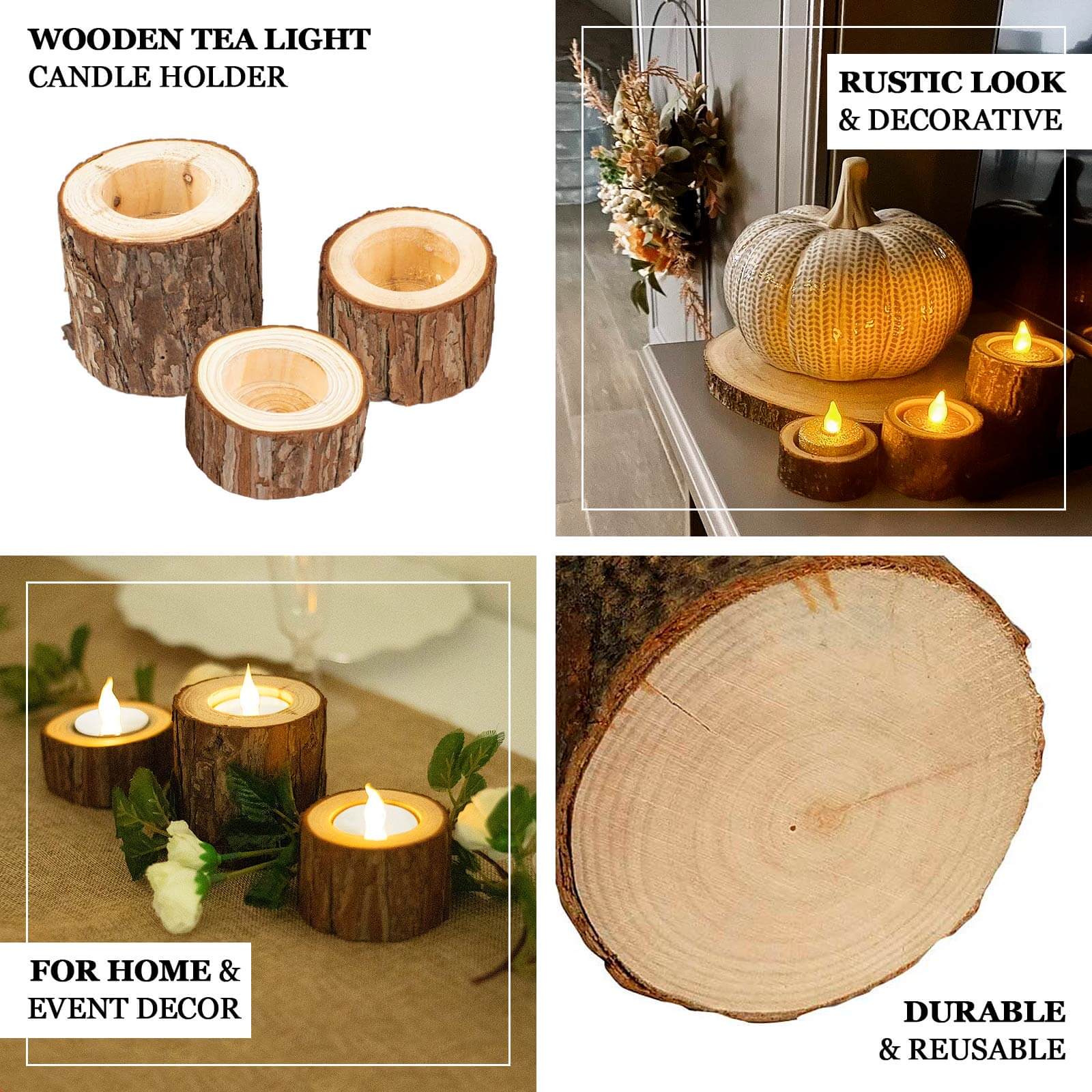 Set of 3 Rustic Wood Slice Votive Candle Holders - Tree Branch Wedding Table Décor 2.75, 1.5, 1.25