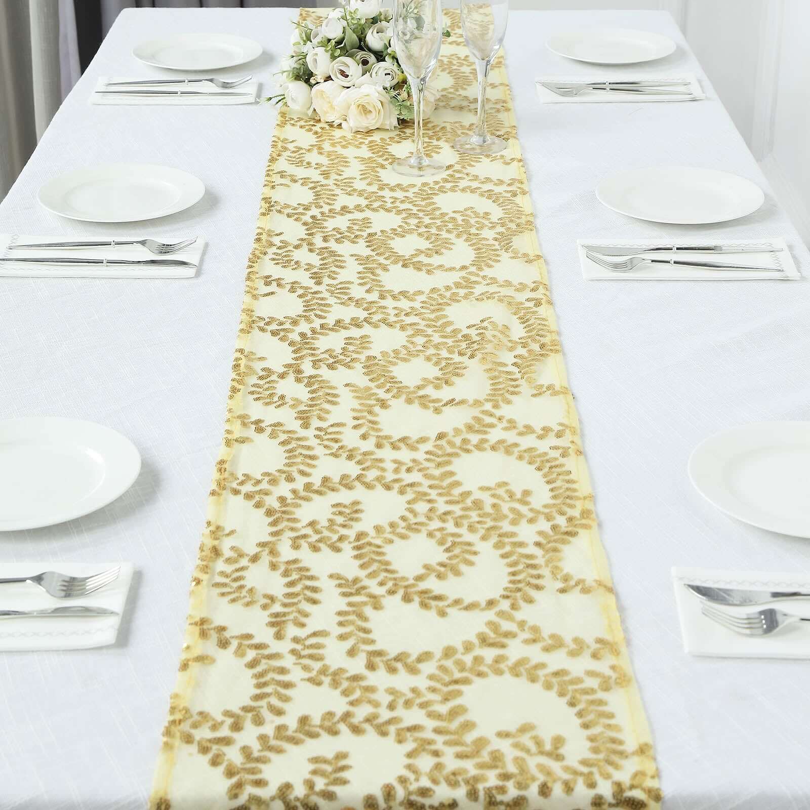 Mesh 12x108 Table Runner Gold - Leaf Vine Sequin Embroidered Design for Sophisticated Occasion
