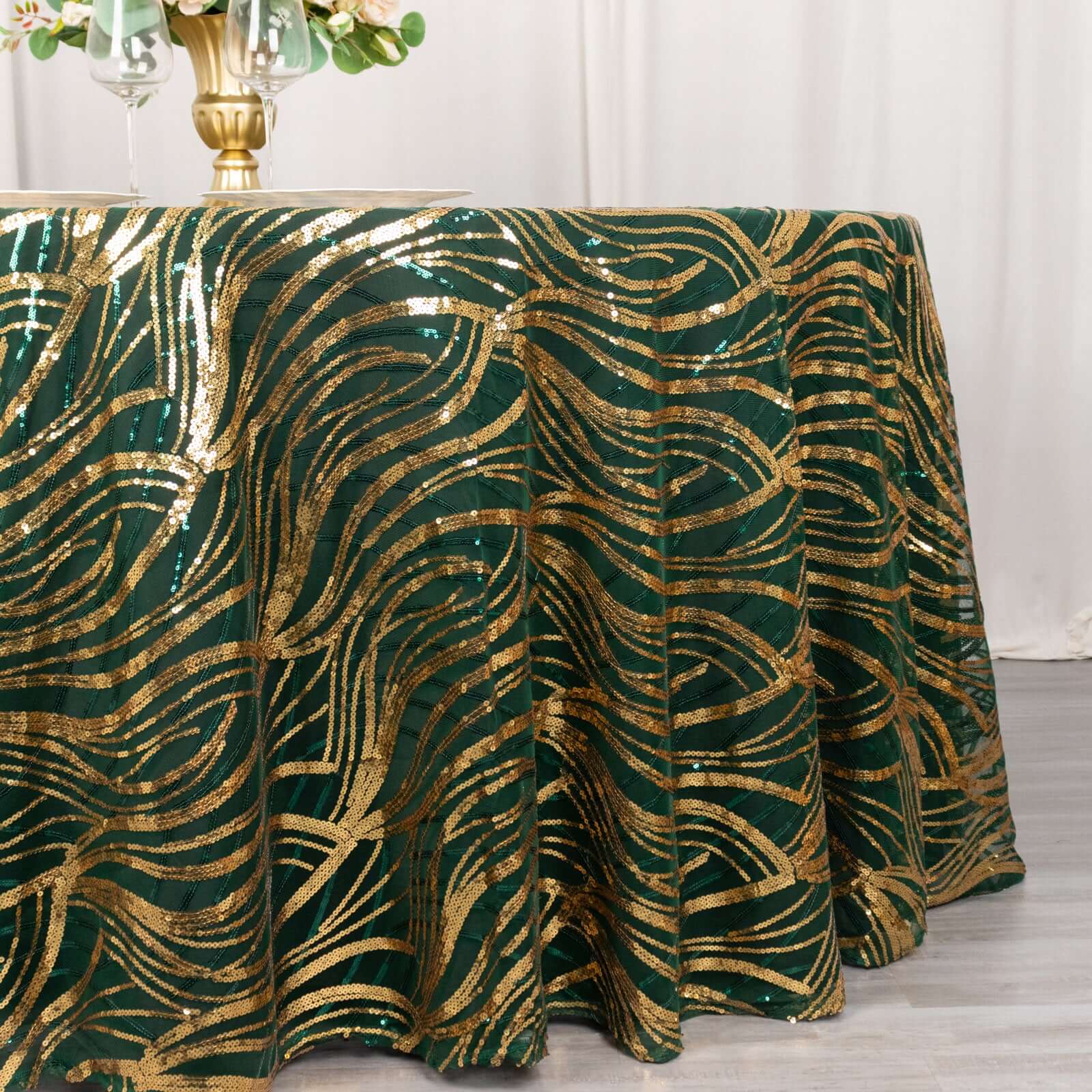 Sequin Mesh 120 Round Tablecloth Hunter Emerald Green/Gold - Seamless Wave Embroidered Table Cover