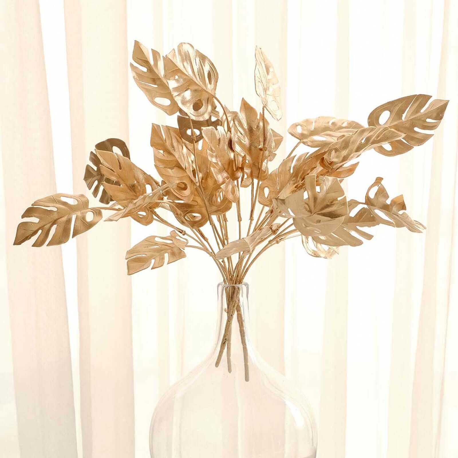 4-Pack Artificial Monstera Leaves Bushes Metallic Gold - Chic Faux Palm Leaf Decor Vase Filler for Hawaiian Jungle Tropical Themed Weddings Parties & Events 14