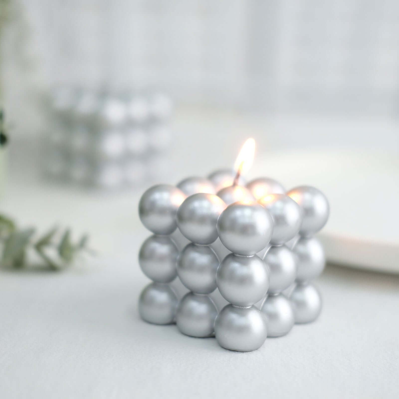 2-Pack Decorative Paraffin Wax Candles Bubble Cube Design Metallic Silver - Unscented Long Burning Pillar Candle Set 2