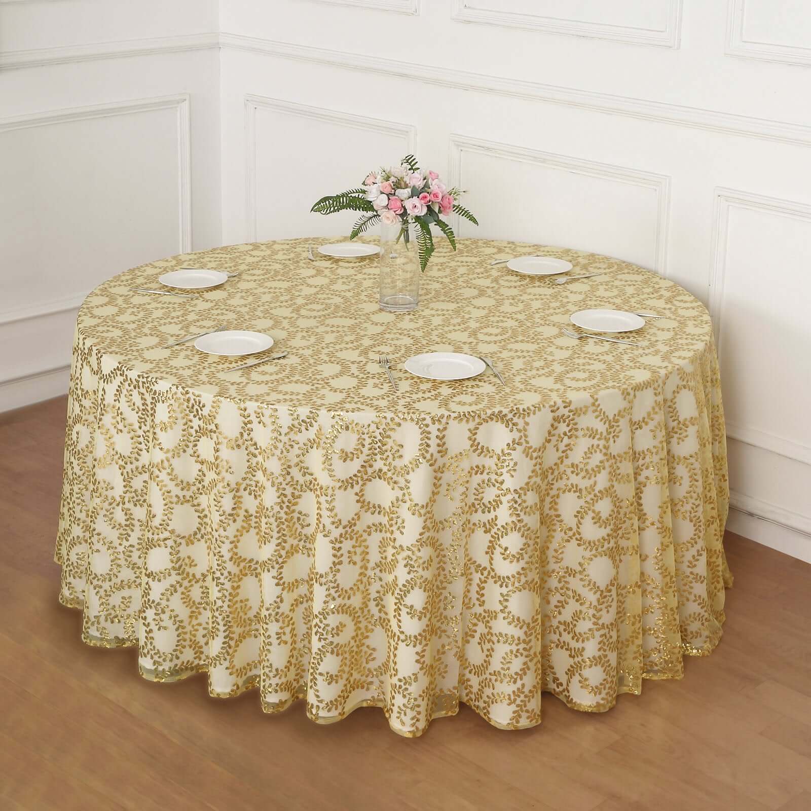 Tulle 120 Round Tablecloth Gold - Seamless Sequin Leaf Embroidered Design for Sophisticated Occasions