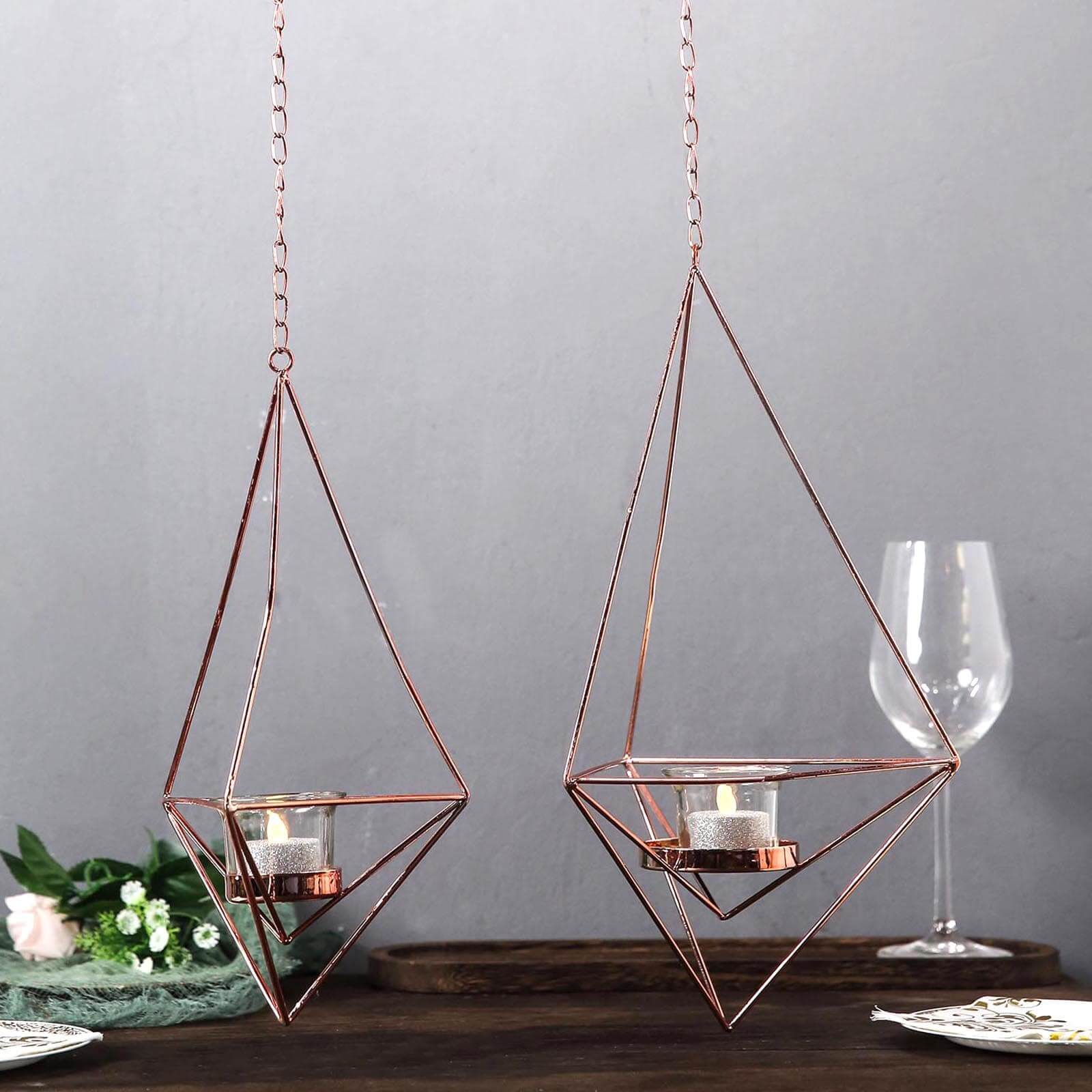 Set of 2 Hanging Tealight Candle Holders Rose Gold Metal Diamond Geometric Open Frame - Flower Terrariums 12, 15