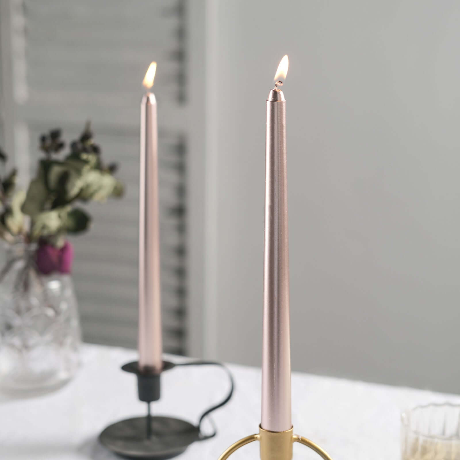 12-Pack Taper Candles Premium Wax Design Metallic Rose Gold - Unscented Candles for Upscale Settings 10